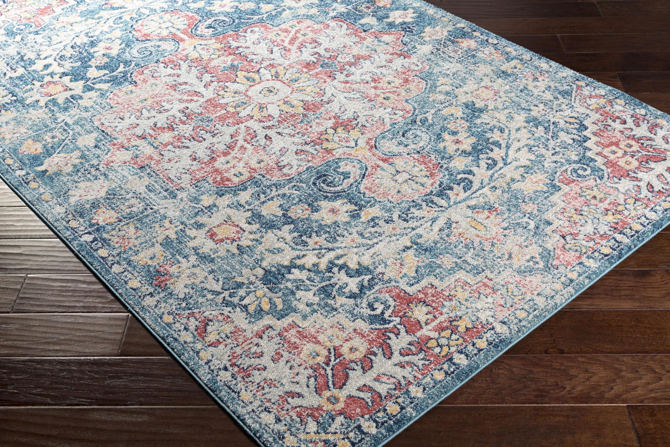 Livabliss Area Rugs - 8x10 Odelia Vintage Boho Blue Off-White Saffron Area Rug for Living Room Bedroom - Floral Medallion Stain