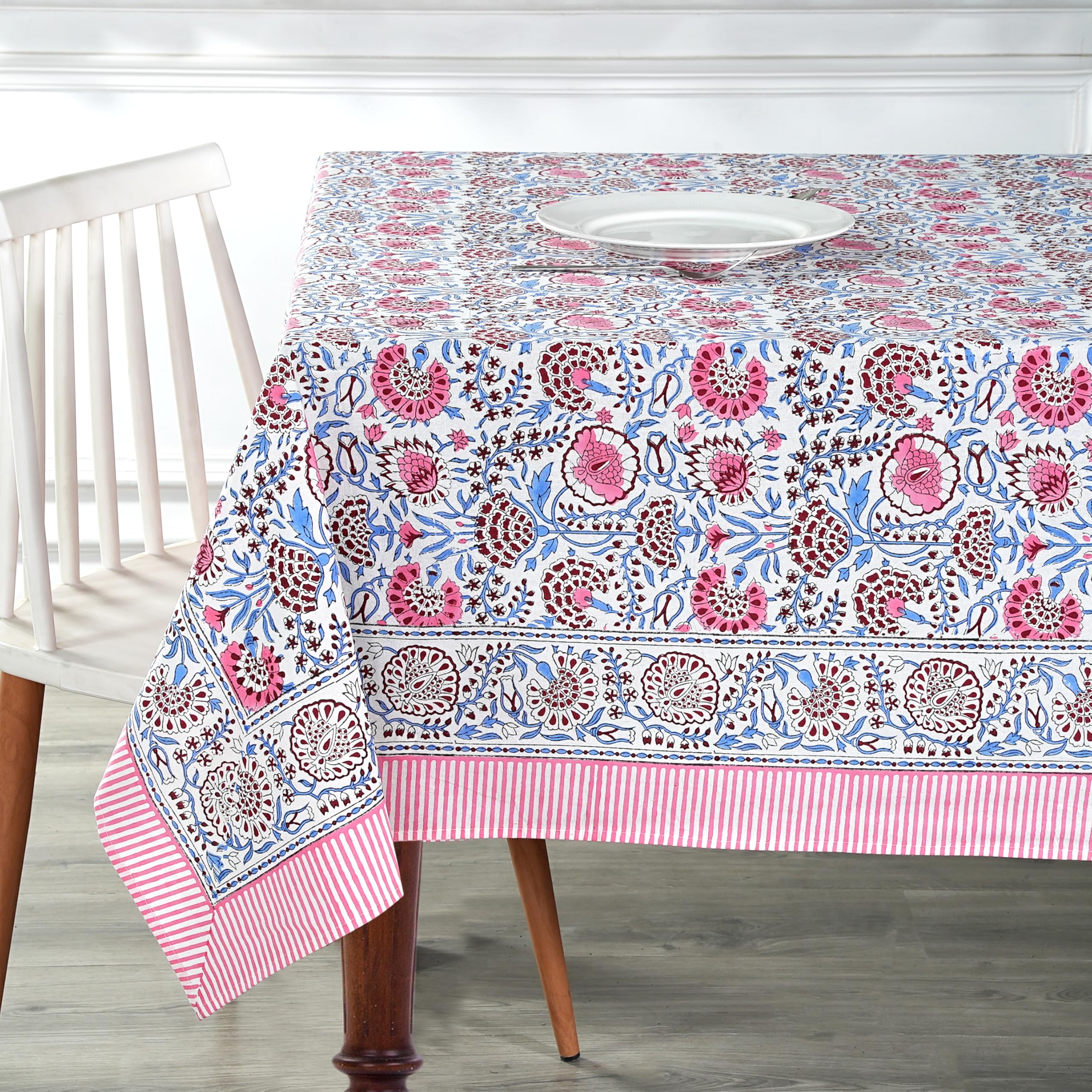 Ridhi Pigeon Blue Hand Block Print Cotton Rectangle Tablecloth 90 x 60 inch-Reusable Table Cover Decorative Everyday Use for Din