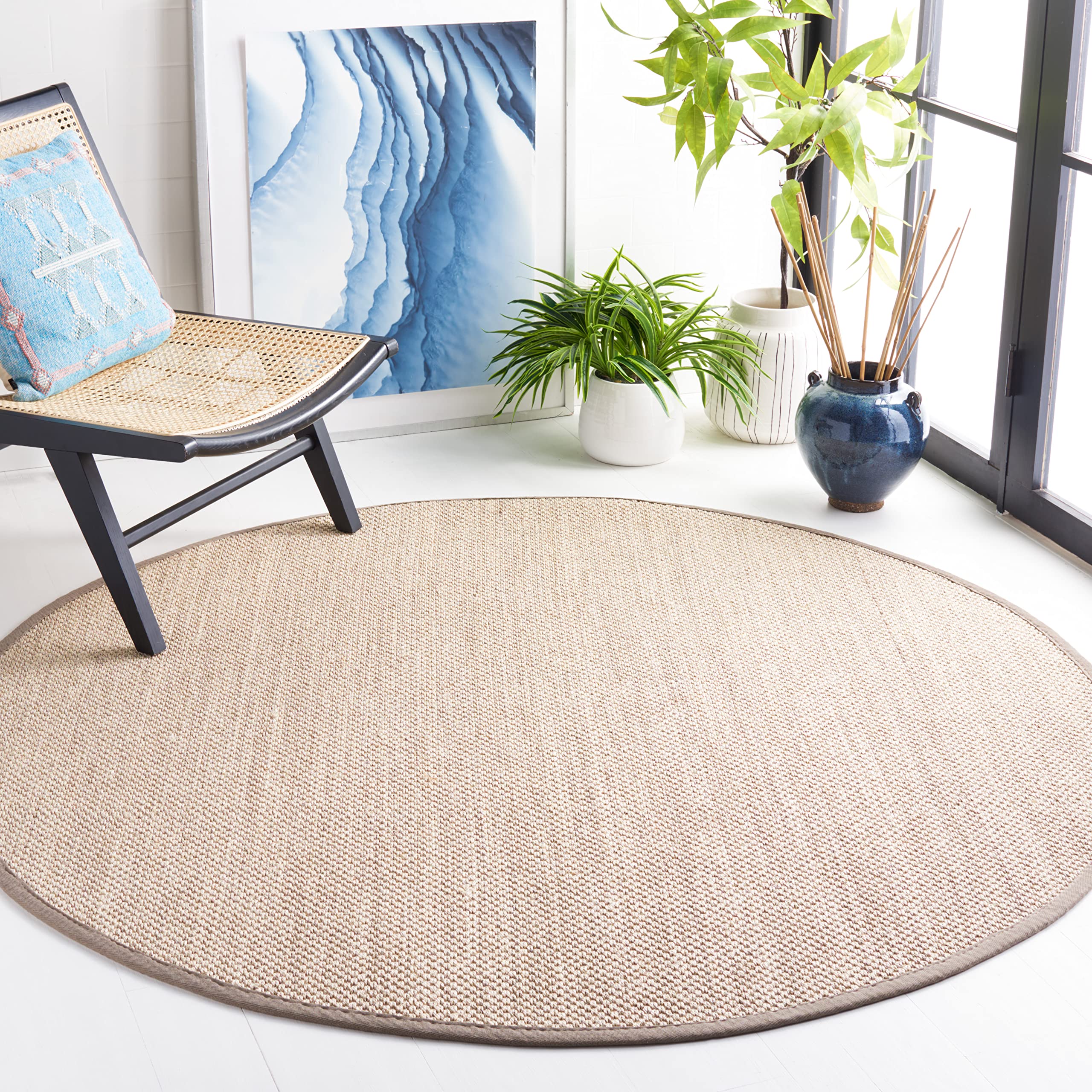 SAFAVIEH Natural Fiber Collection 8 Round Marble / Khaki NF143E Border Sisal Area Rug