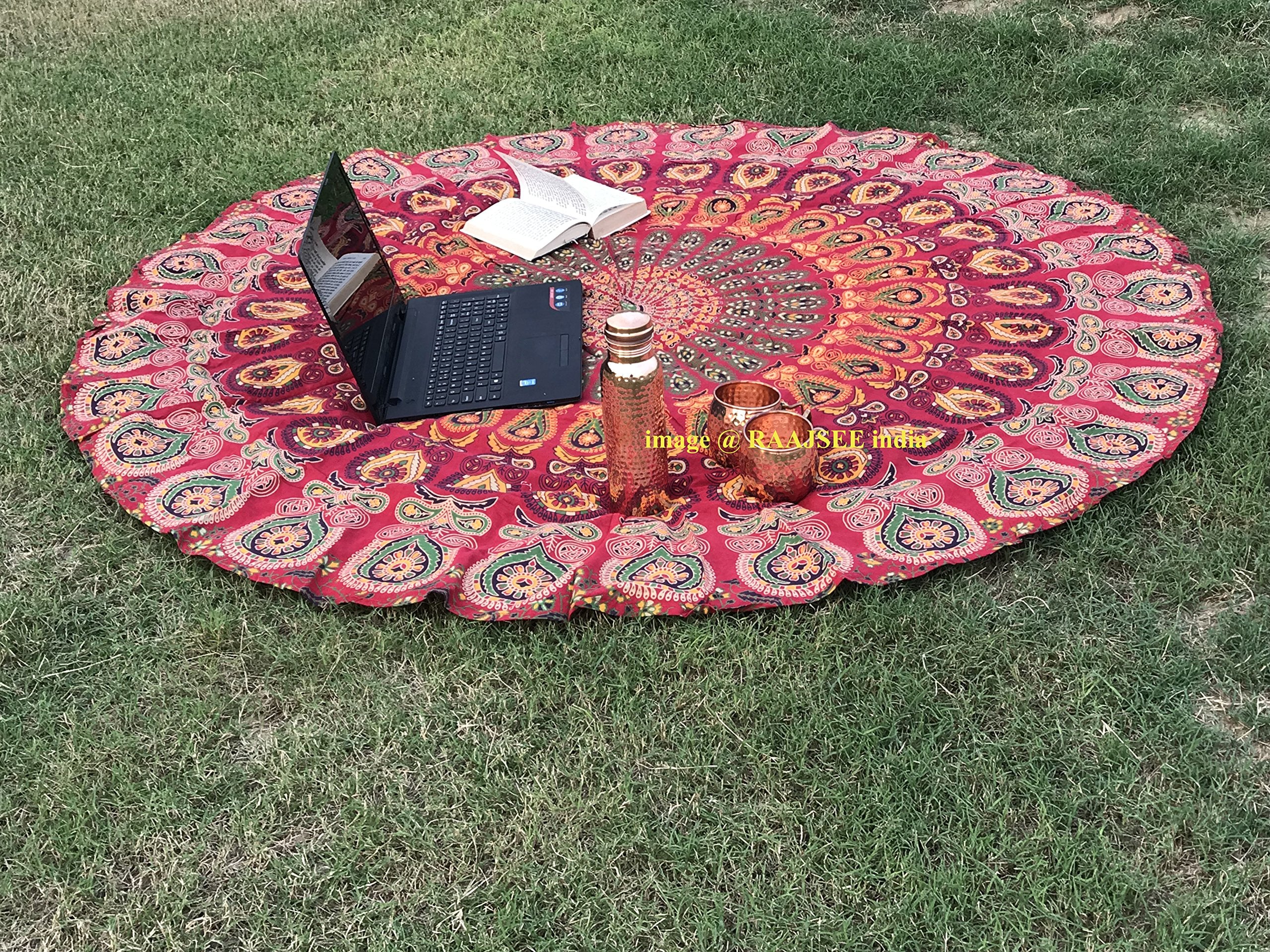 raajsee Red Mandala Round Beach Tapestry Hippie/Boho Beach Blanket Roundie/Indian Cotton Throw Bohemian Round Table Cloth/Yoga Mat Meditation Picnic Rugs 70 inch Circle