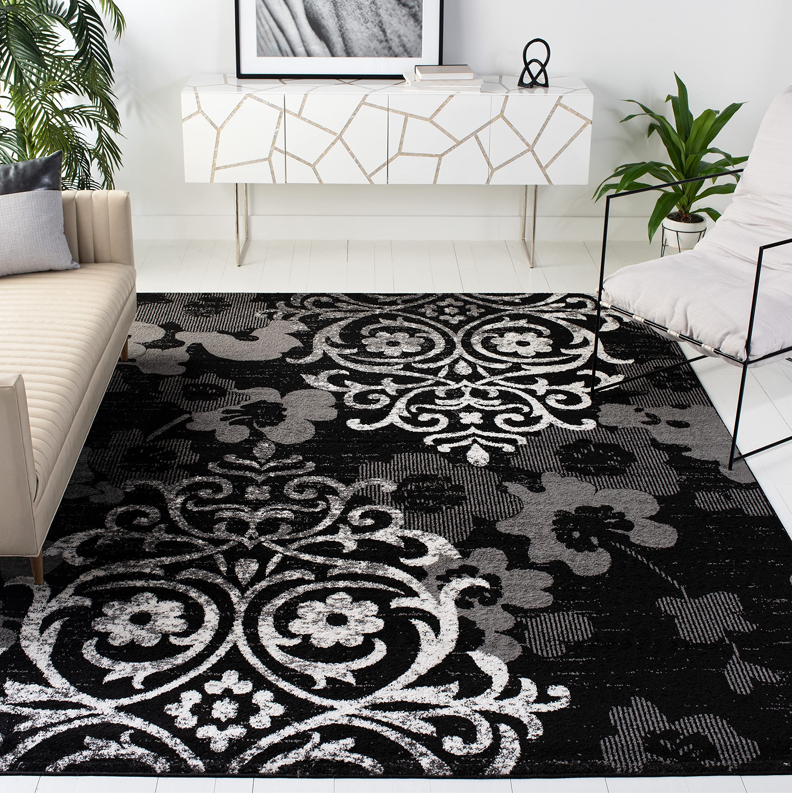 SAFAVIEH Adirondack Collection 11 Square Black / Silver ADR114A Floral Glam Damask Distressed Non-Shedding Living Room Bedroom 