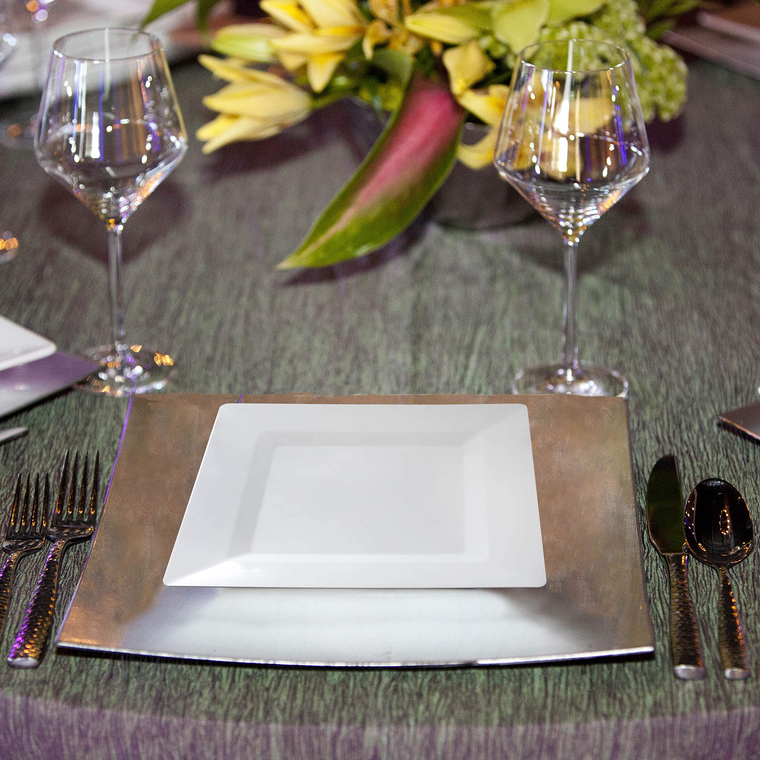 Oasis Creations White Square Plates Set 7.25'' - 50 count - Premium Hard White Disposable Plastic - Disposable and Reusable - Salad Plate - Appetizer Plate - Dessert Plate - Party Plate Set