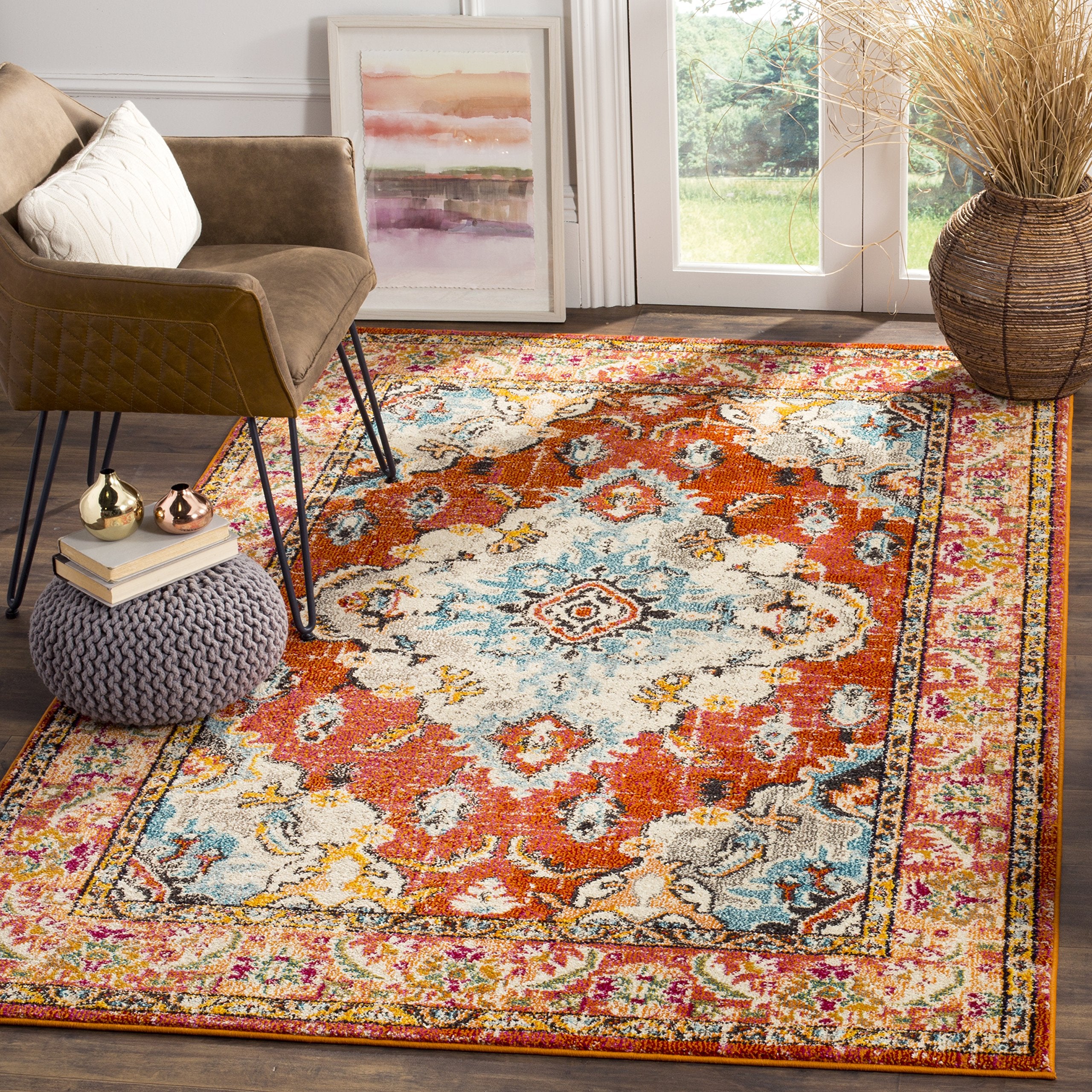 SAFAVIEH Monaco Collection 8 Square OrangeLight Blue MNC243H Boho Chic Medallion Distressed Non-Shedding Living Room Bedroom Ar