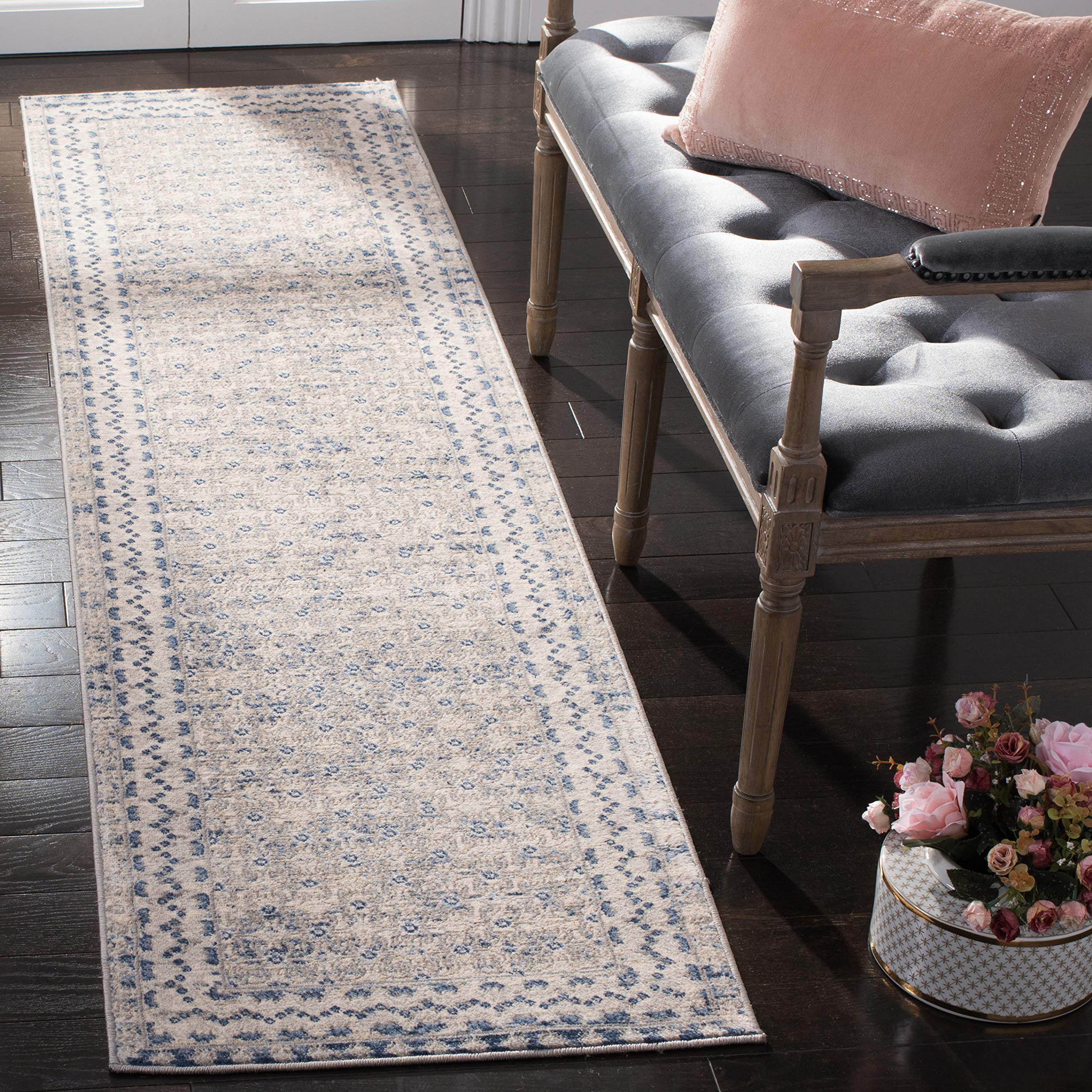 SAFAVIEH Brentwood Collection Runner Rug - 2 x 18, Light Grey & Blue, Traditional Oriental Distressed Design, Non-Shedding & E