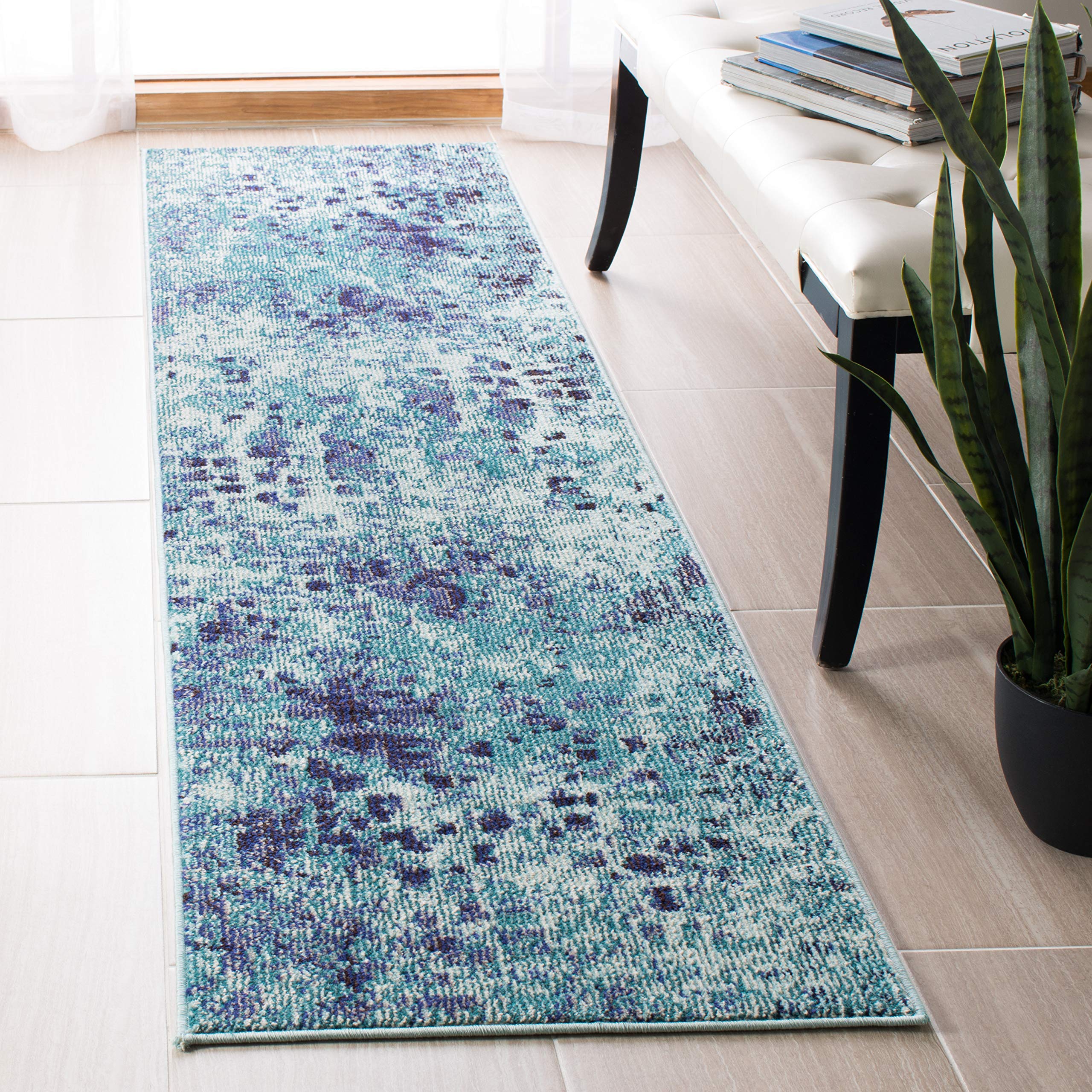 SAFAVIEH Madison Collection Runner Rug - 22 x 8, Turquoise & Navy, Boho Abstract Distressed Design, Non-Shedding & Easy Care, 