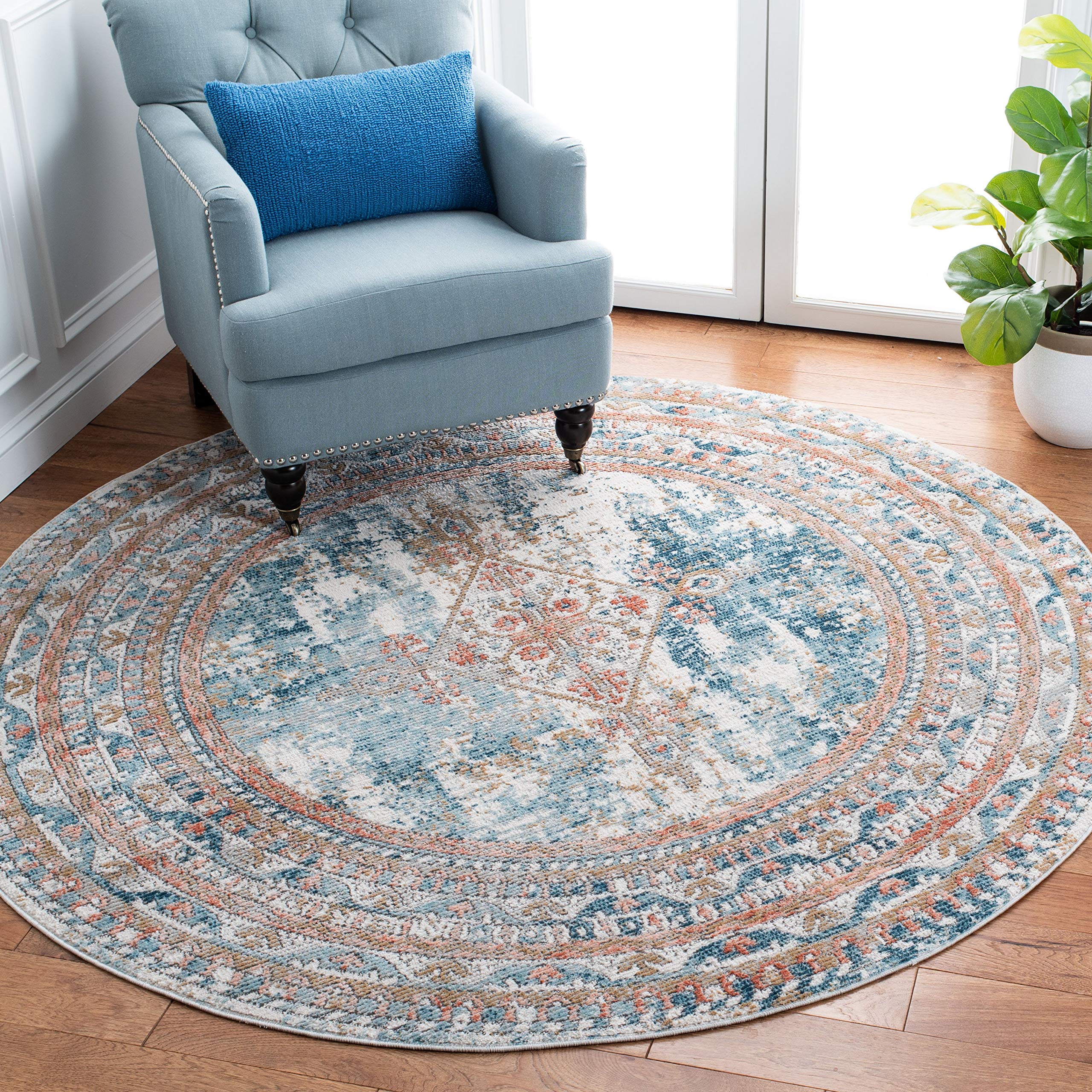 SAFAVIEH Shivan Collection 67 Round Blue/Grey SHV725M Medallion Distressed Non-Shedding Dining Room Entryway Foyer Living Room 