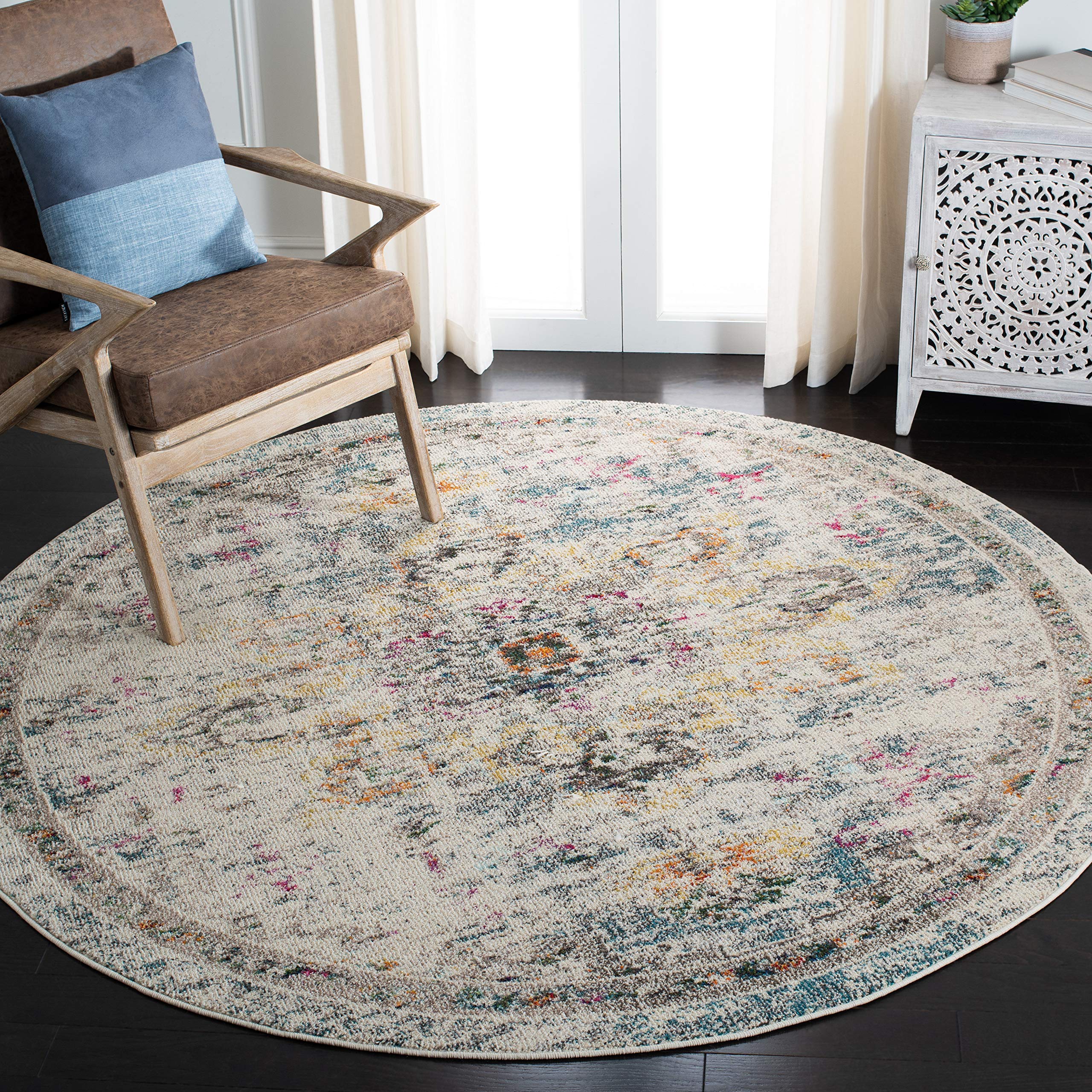 SAFAVIEH Madison Collection Area Rug - 9 Round, Grey & Gold, Boho Chic Medallion Distressed Design, Non-Shedding & Easy Care, I