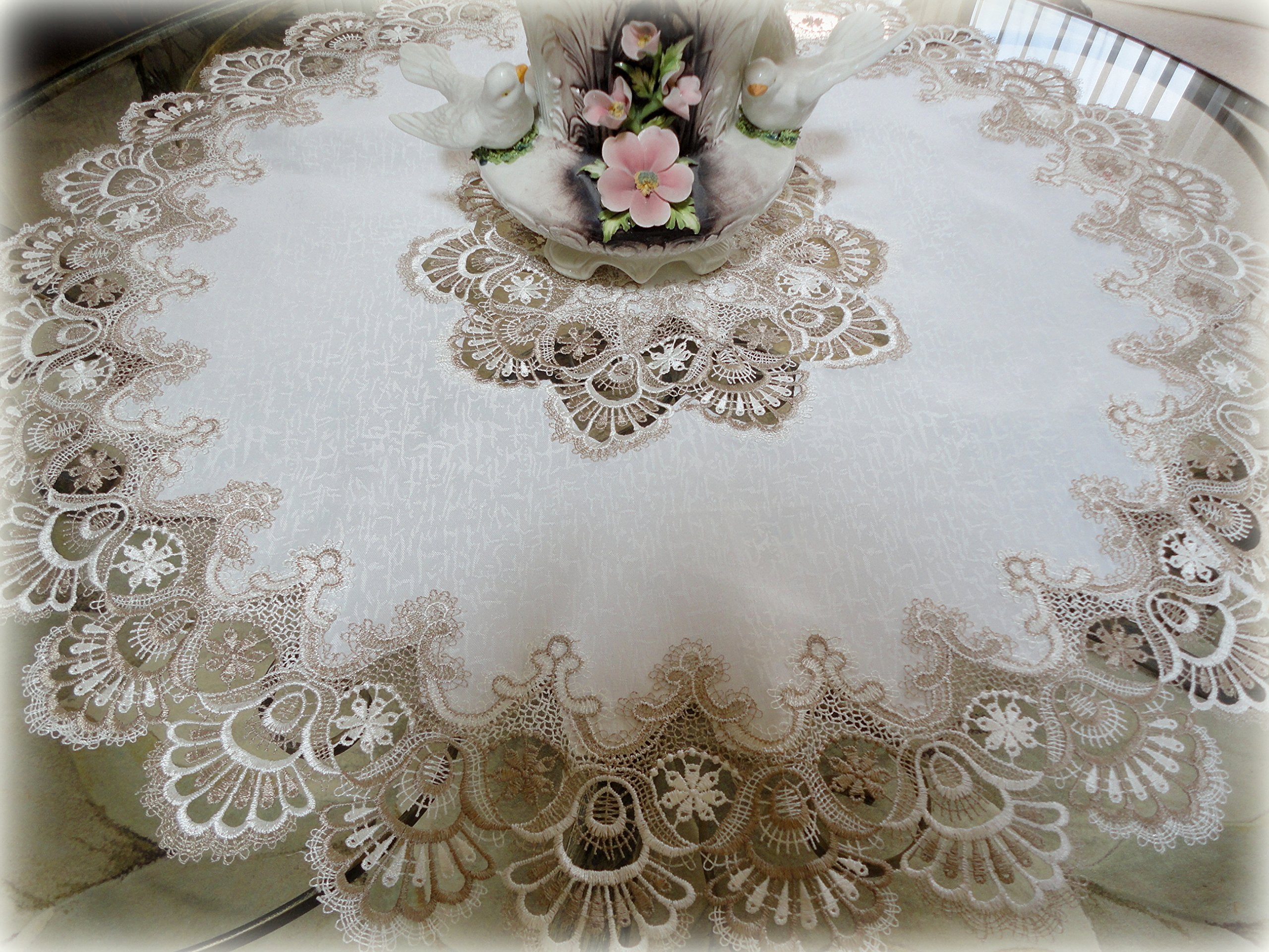 Galleria Di Giovanni 34'' X-Large Lace Doily Table Topper Taupe Neutrals & White Tablecloth Round Dresser Scarf