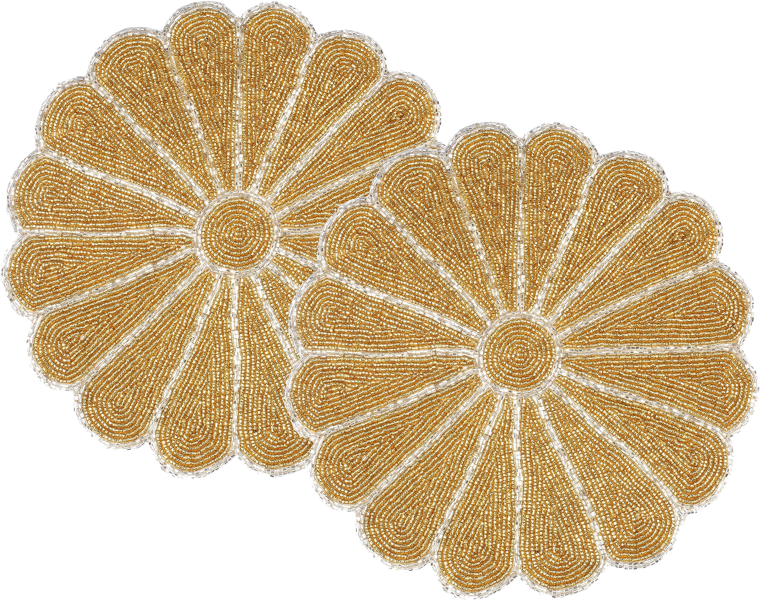 Alpha Living Home Beaded Scallop Placemats For Dining Table - Pack Of 2 Measure 13 Inches Beaded Placemats Round For Gathering,