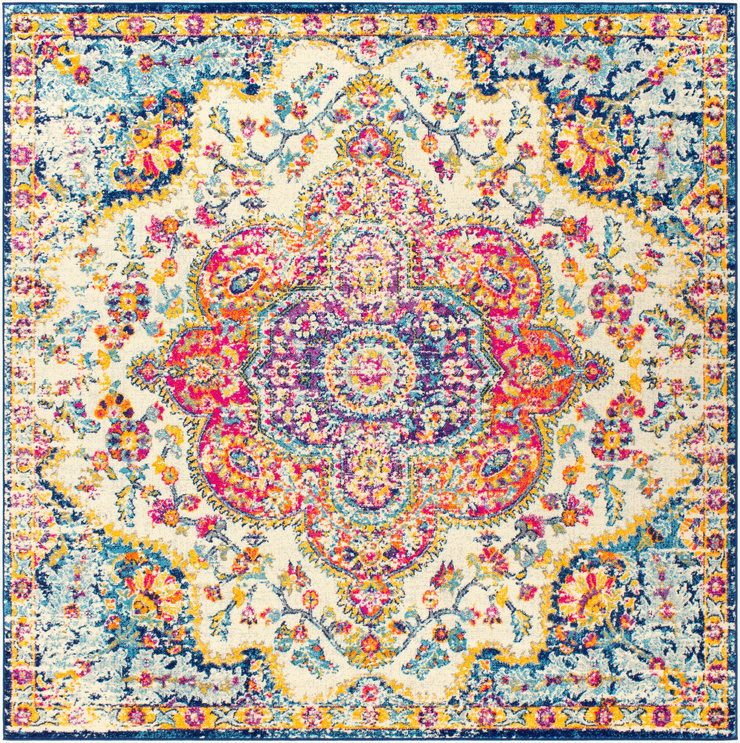 Livabliss Area Rugs - 8x8 Romaine Vintage Boho Fuchsia Mustard Blue Square Area Rug for Living Room Bedroom - Floral Medallion S