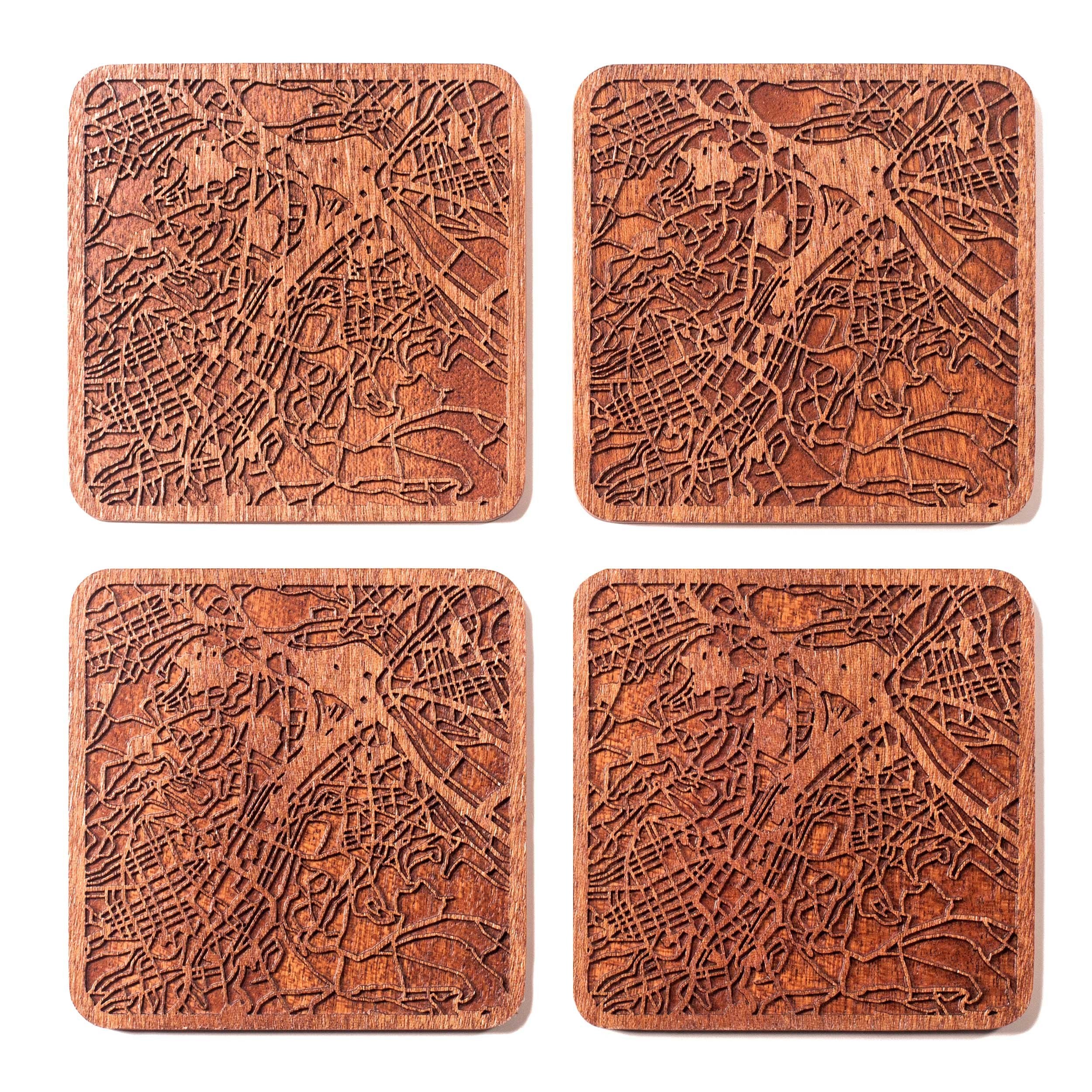 Stuttgart Map Coaster By O3 Design Studio, Set Of 4, Sapele Wooden Coaster With City Map, Handmade