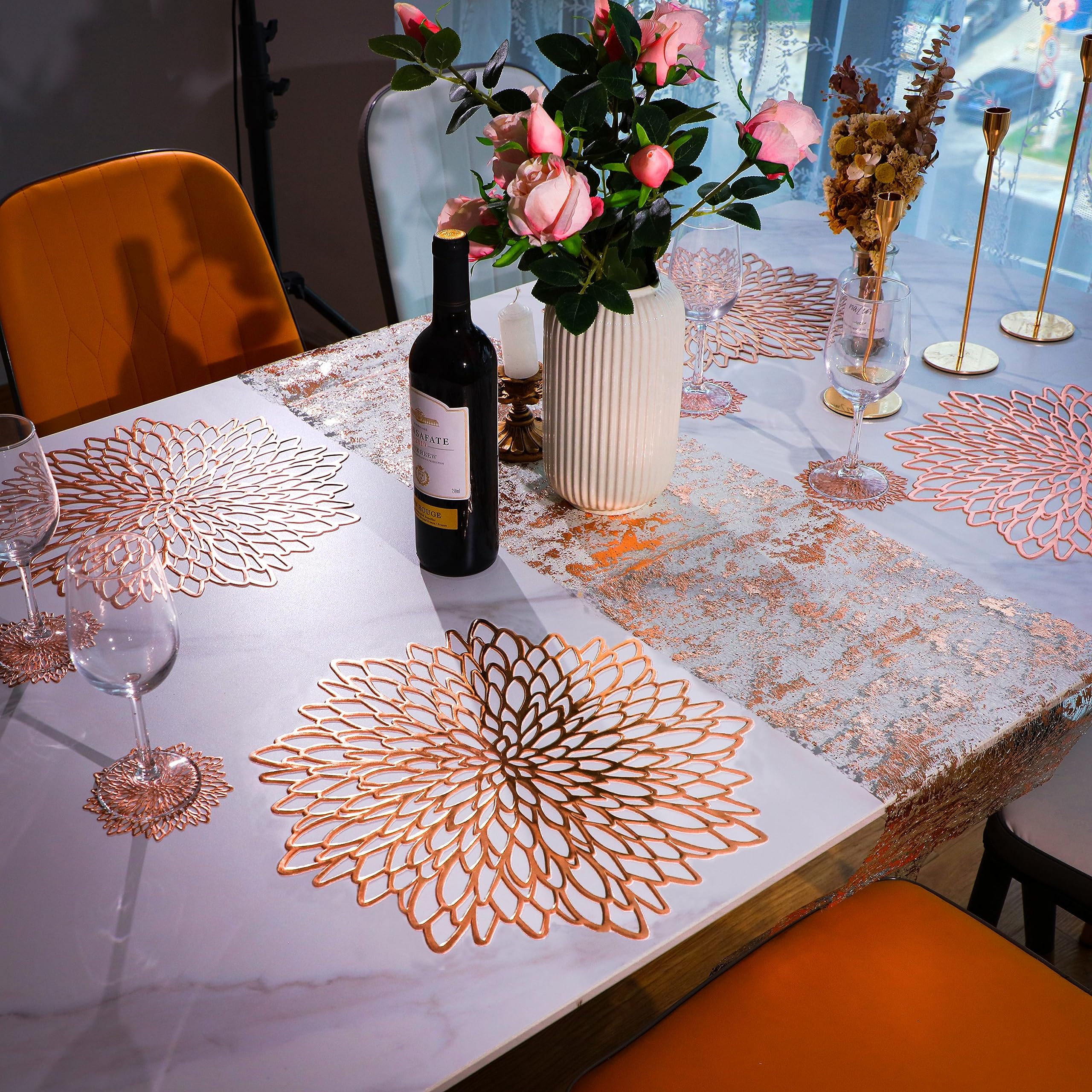 Snowkingdom 6 Pairs Rose Gold Placemats & Coasters 12 Pcs Metallic Pressed Vinyl For Dinning Table Mats Decoration Round Floral
