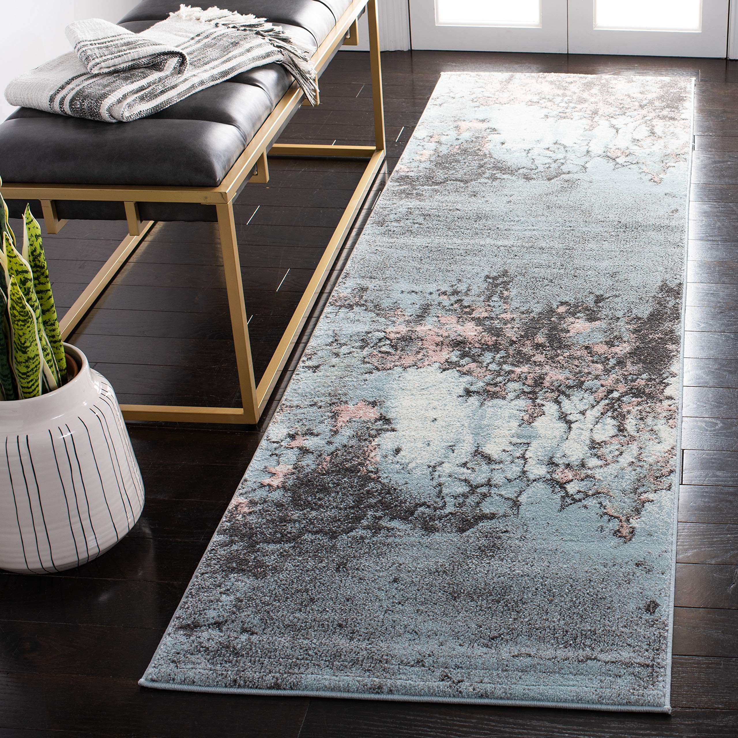 SAFAVIEH Glacier Collection 23 x 6 Blue/Pink GLA125L Modern Abstract Non-Shedding Living Room Bedroom Runner Rug