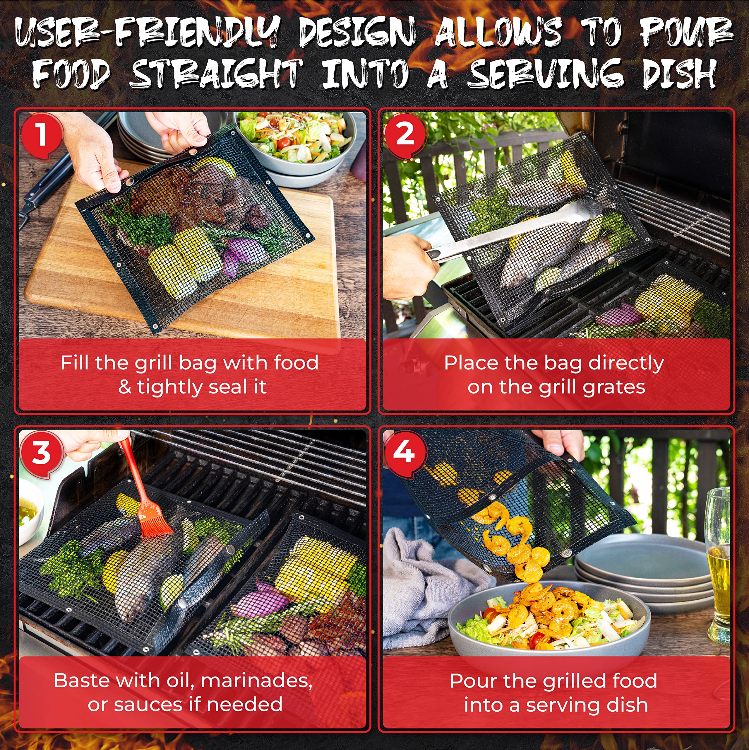 BBQ Non-Stick Large Mesh Grilling Bags + Basting Brush - Reusable PTFE Mesh Indoor Outdoor Charcoal Barbecue Grill Bag Accessories  Heat-Resistant Up to 500 F  Easy to Clean  Dishwasher-Safe - Set of 2