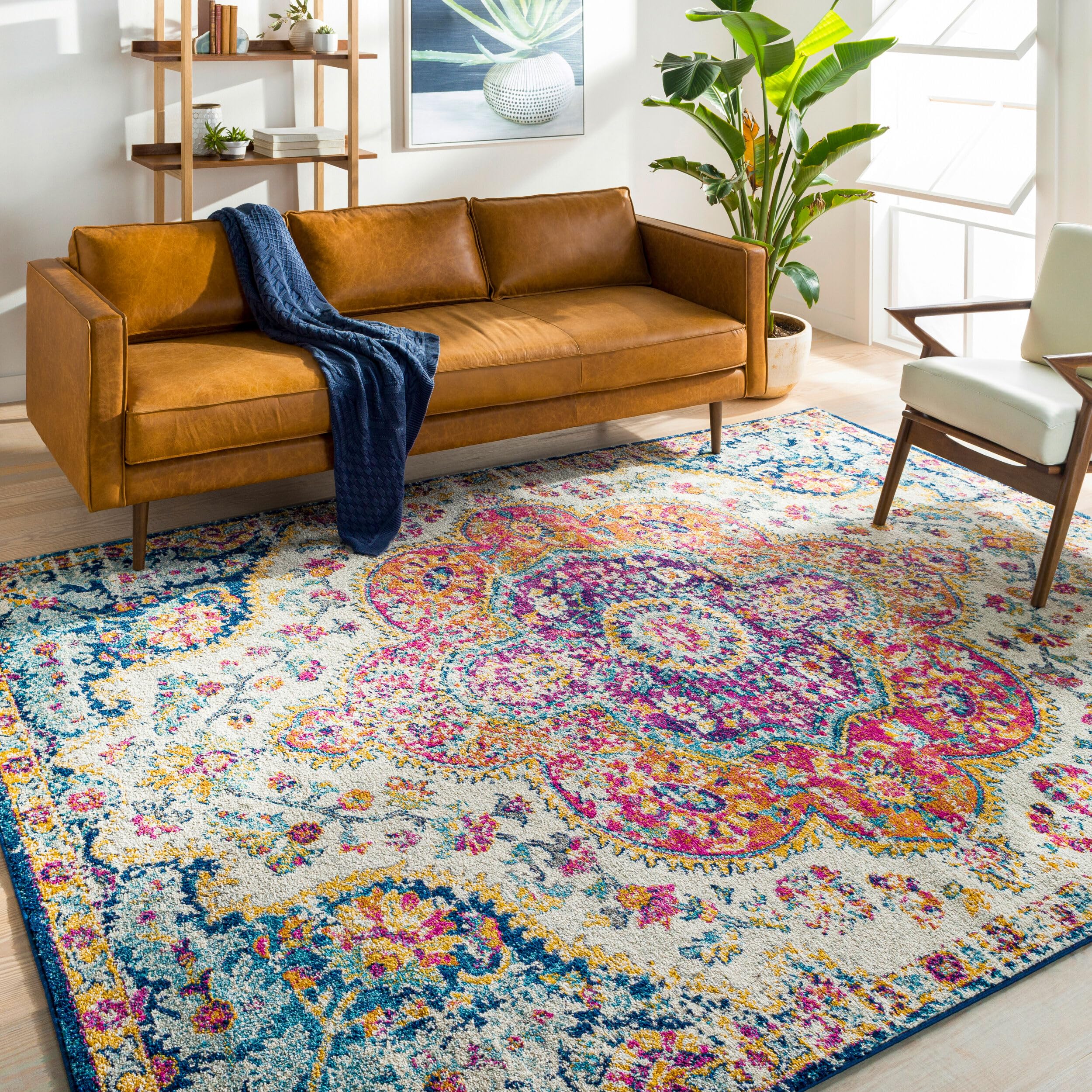 Livabliss Area Rugs - 4x6 Romaine Vintage Boho Fuchsia Mustard Blue Area Rug for Living Room Bedroom - Floral Medallion Stain Re