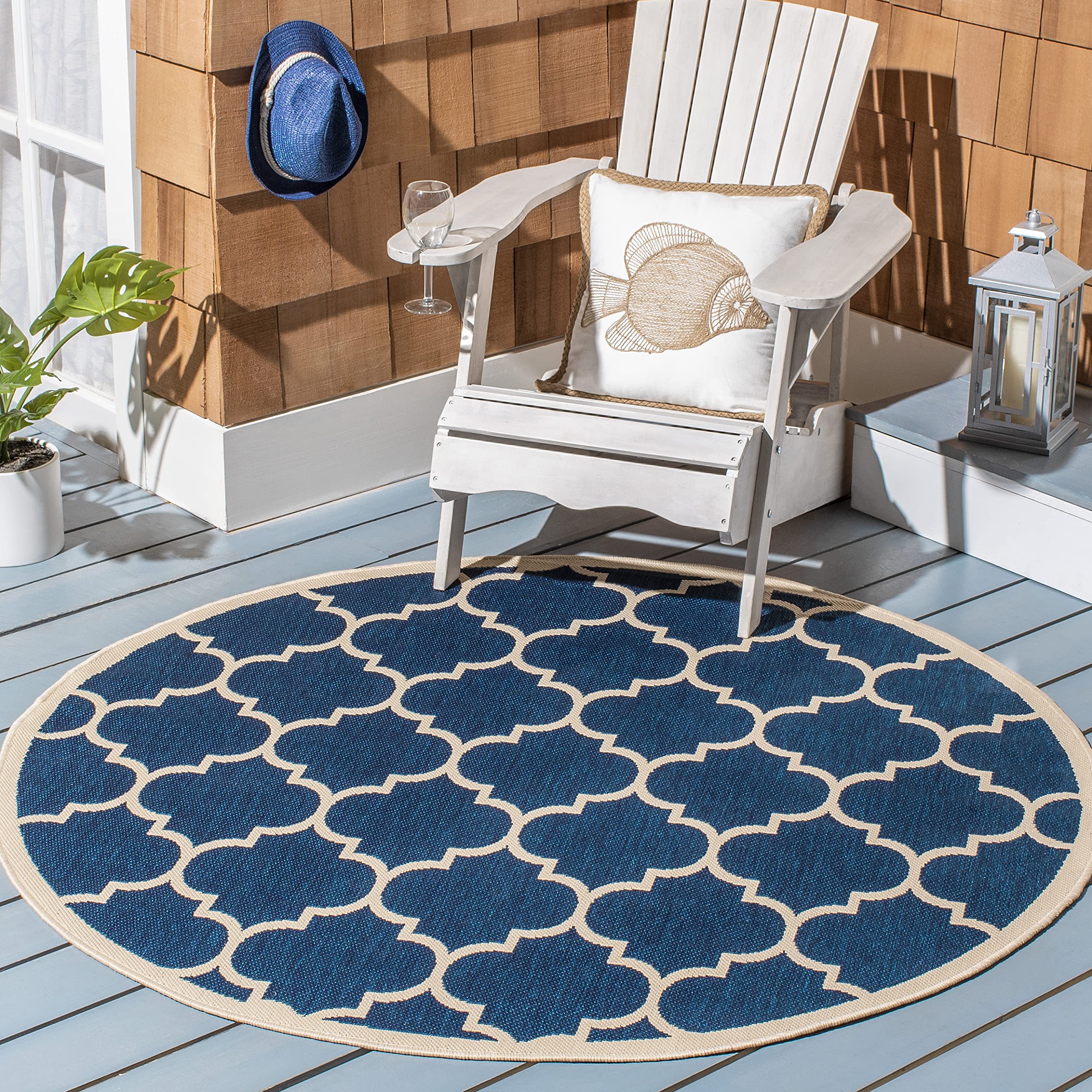 SAFAVIEH Courtyard Collection 53 Round Navy/Beige CY6914 Trellis Indoor/ Outdoor Waterproof Easy--Cleaning Patio Backyard Mudro