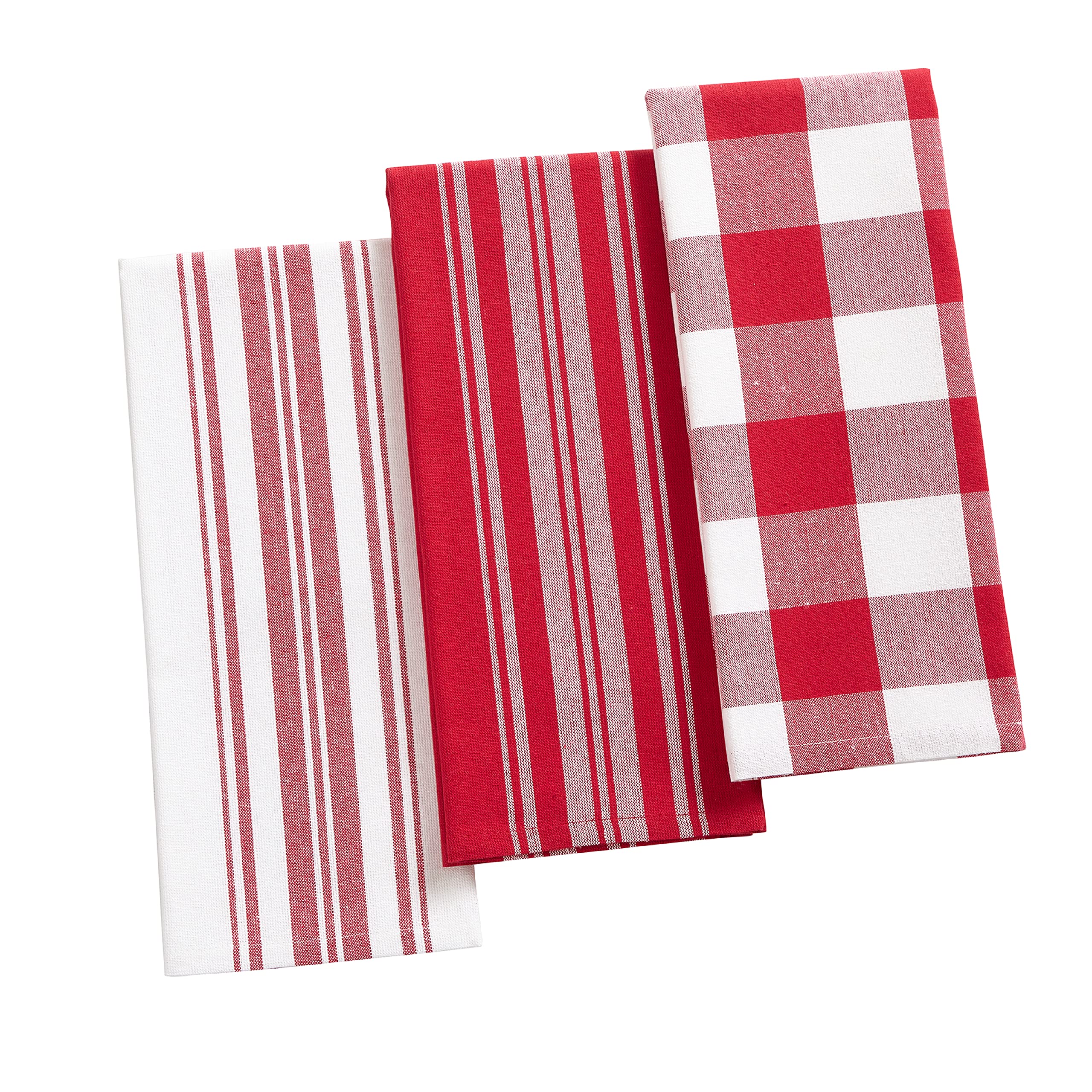 Elrene Home Fashions Farmhouse Living Stripe And Check Kitchen Towels, 17'' X 28'' (Set Of 3), Red/White 3