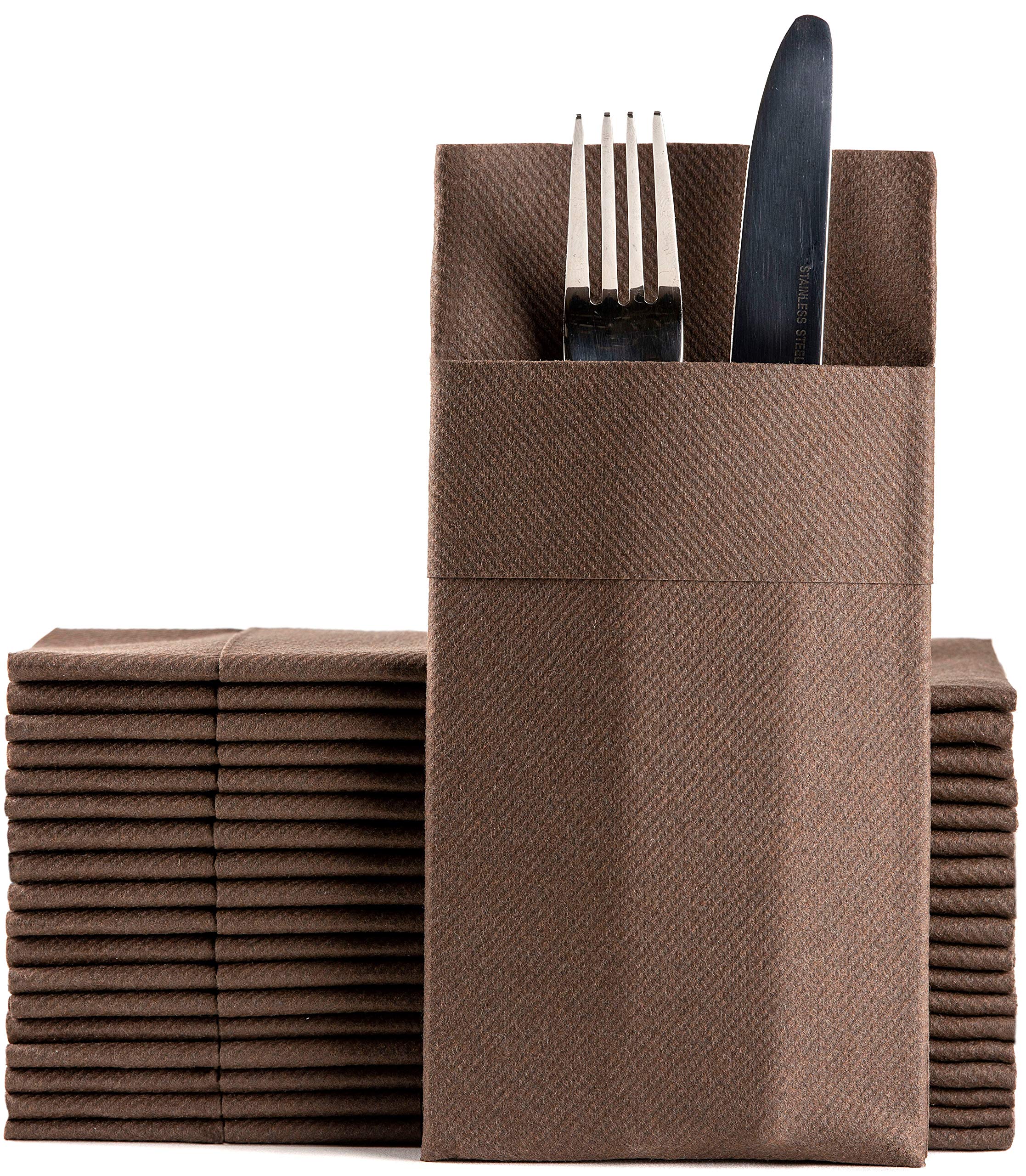 Brown Dinner Napkins Cloth Like With Built-In Flatware Pocket, Linen-Feel Absorbent Disposable Paper Hand Napkins For Kitchen, B