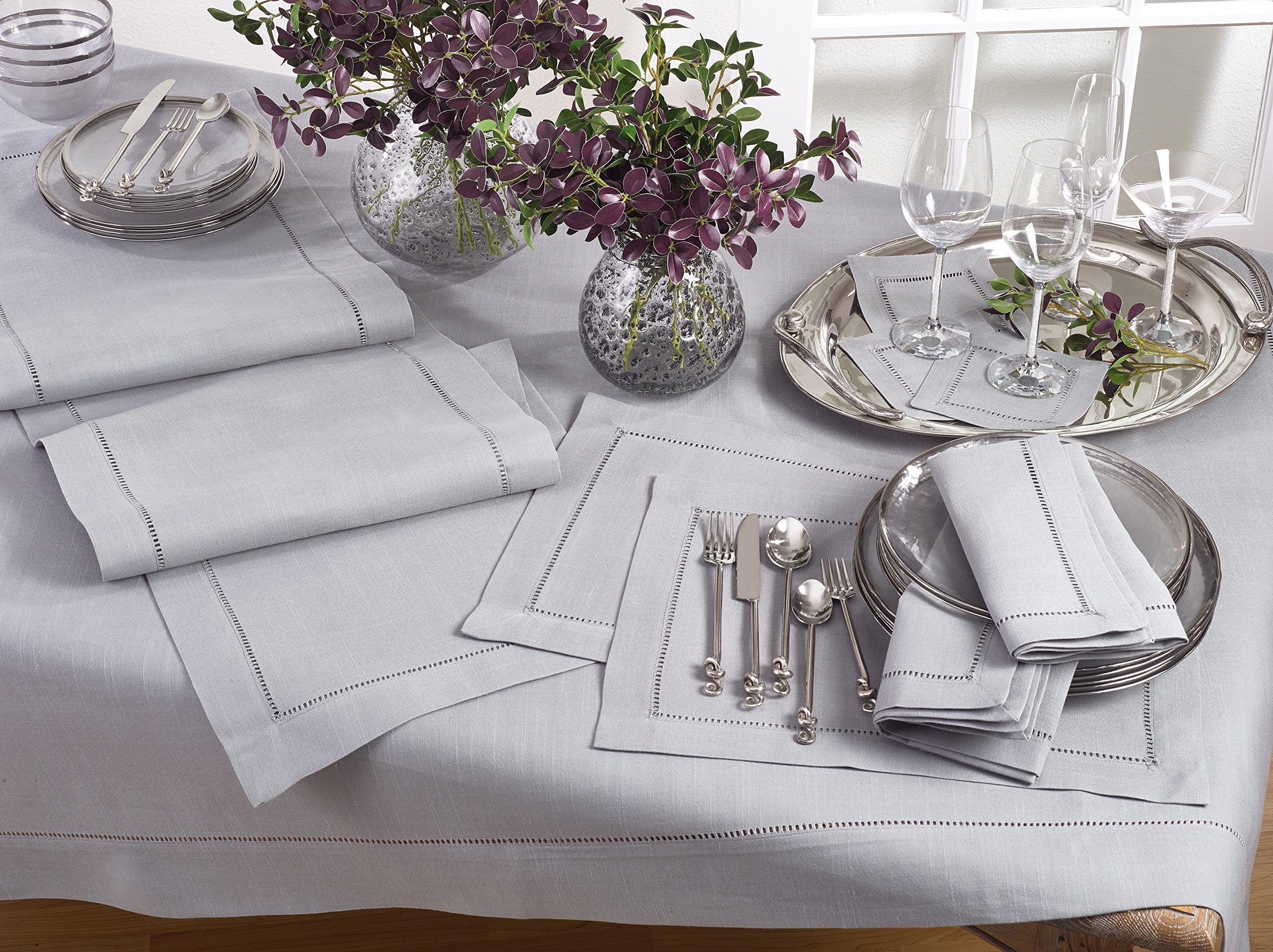 Saro Lifestyle Rochester Collection Classic Hemstitch Border Design Tablecloth 70'' X 120'' Grey