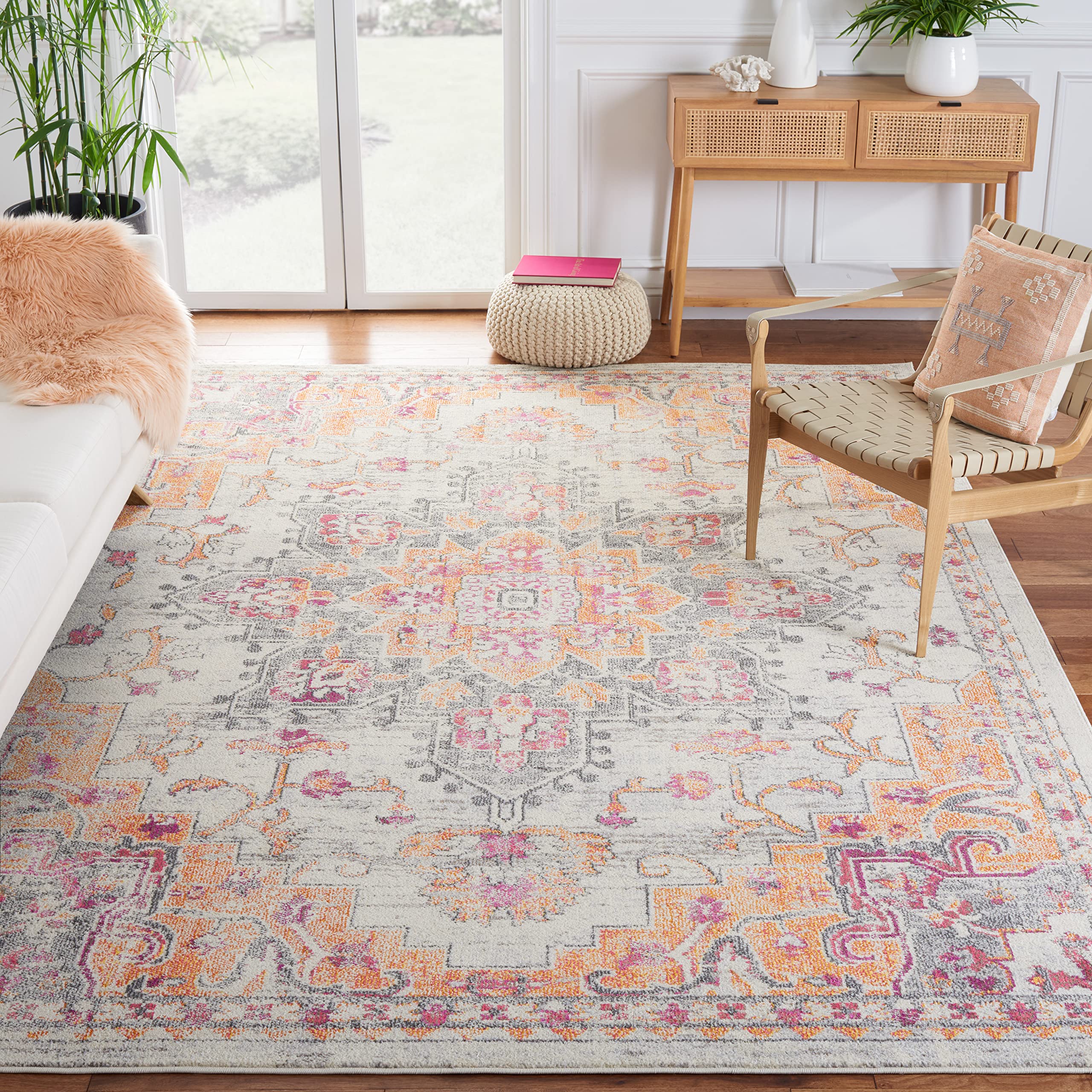 SAFAVIEH Madison Collection Area Rug - 9 x 12, Beige & Orange, Boho Chic Medallion Distressed Design, Non-Shedding & Easy Care