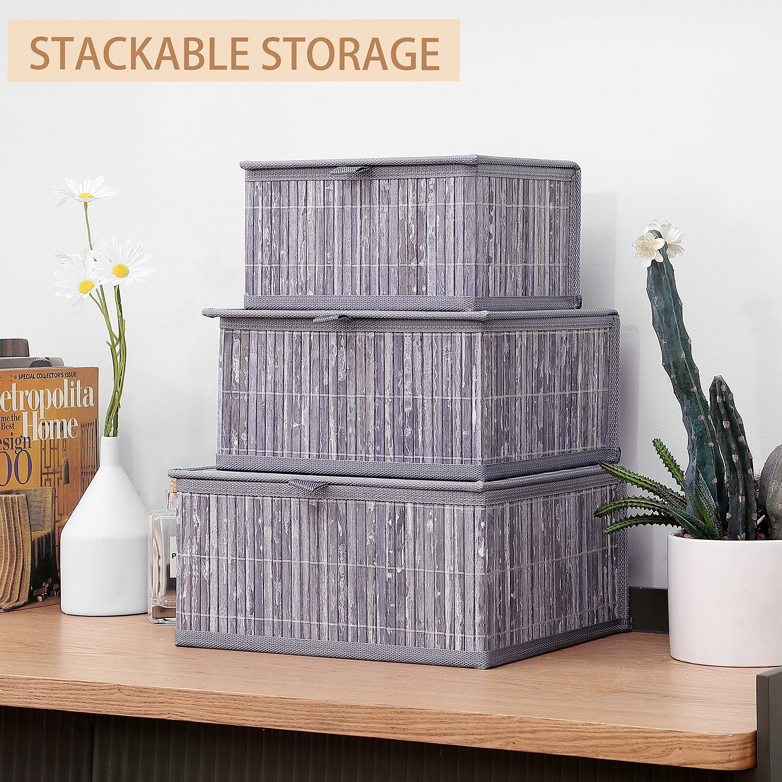 Honygebia Bamboo Decorative Storage Boxes - Set Of 3 Woven Lined Storage Basket With Lids, Grey Marble Wicker Lidded Baskets For