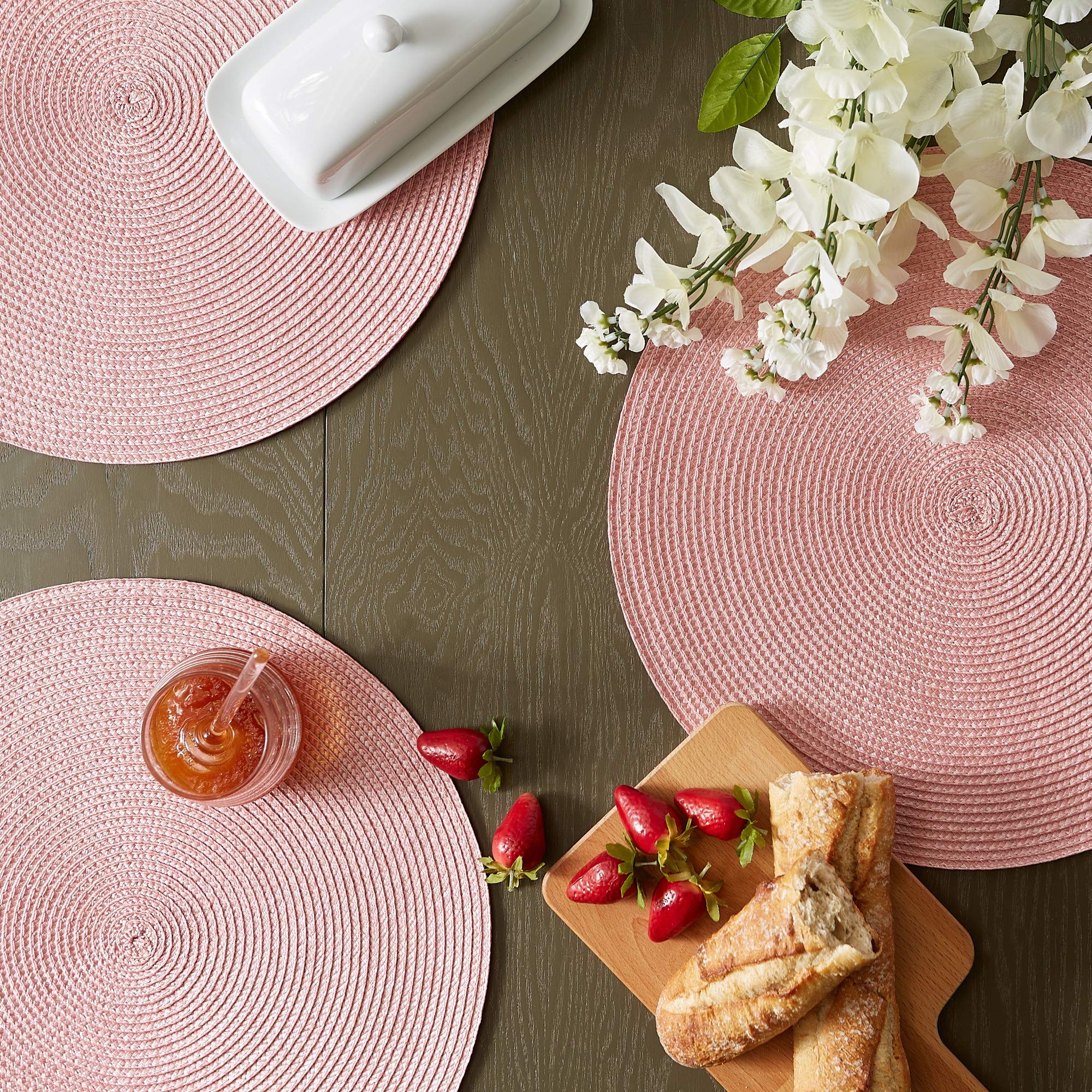 Dii Classic Woven Tabletop Collection, Indoor/Outdoor Placemat Set, Round, 15'' Diameter, Pink Sorbet, 6 Piece