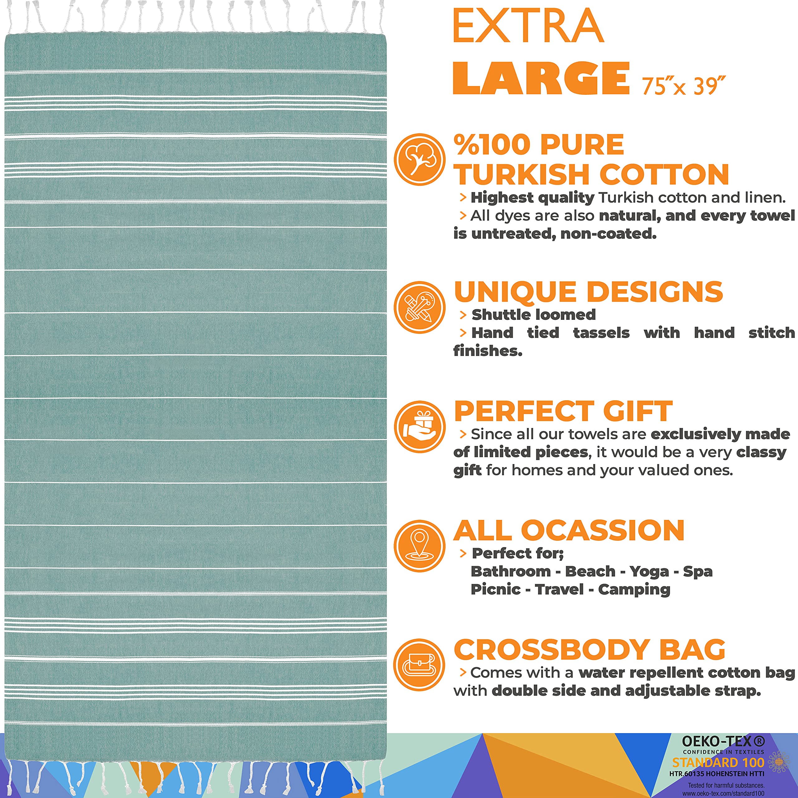 Madamelique Turkish Beach Towel With Beach Bag - 39 X 74 - Prewashed Beach Towels Oversized -%100Cotton - Quick Dry - Sand Free