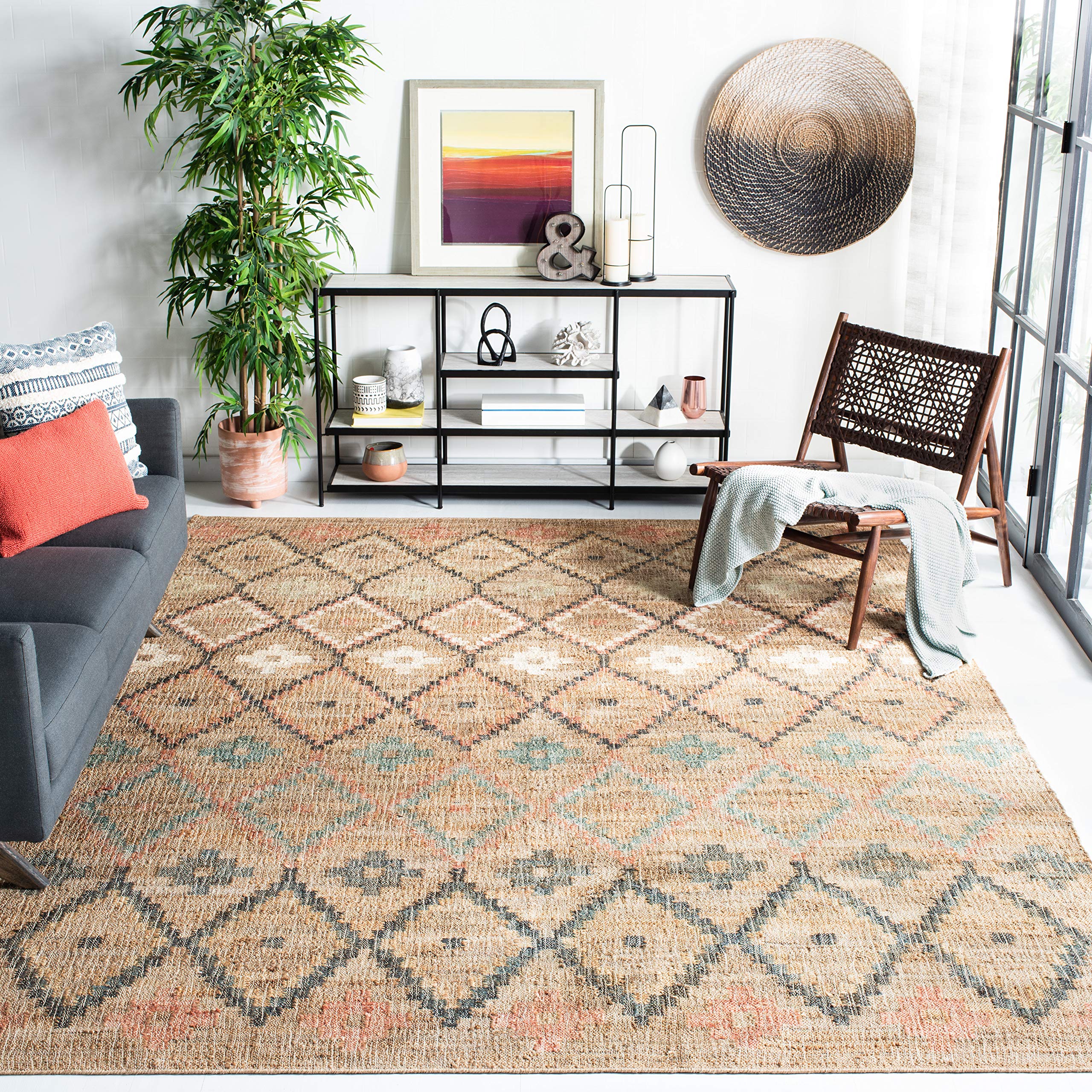 SAFAVIEH Kilim Collection Area Rug - 8 x 10, Natural & Blue, Handmade Moroccan Boho Jute & Cotton, Ideal for High Traffic Area