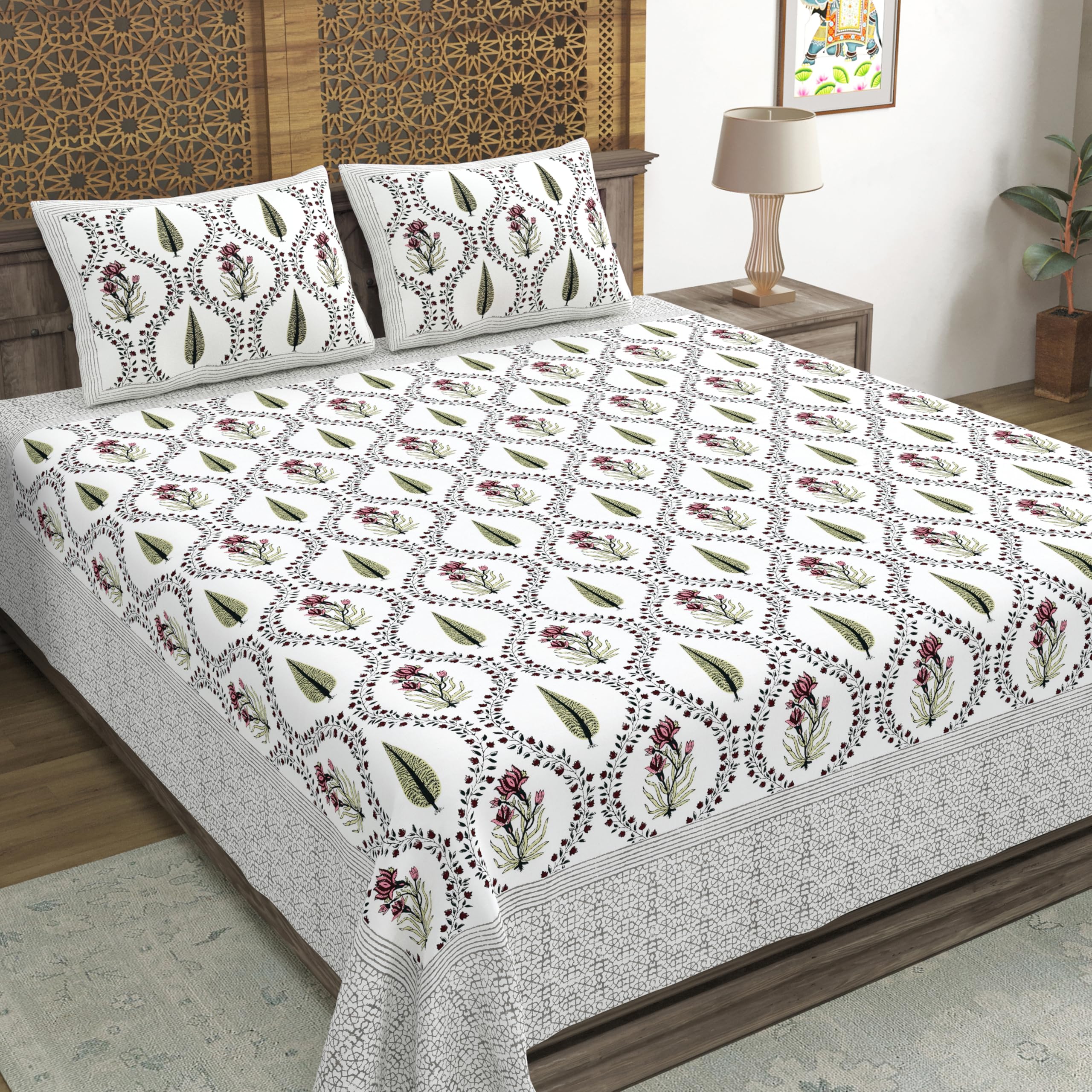 Blocks Of India Hand Block Printed 200 Tc Cotton Super King Size Bedsheet(106 X 106) | Pack Of 1, Pink Green Patti