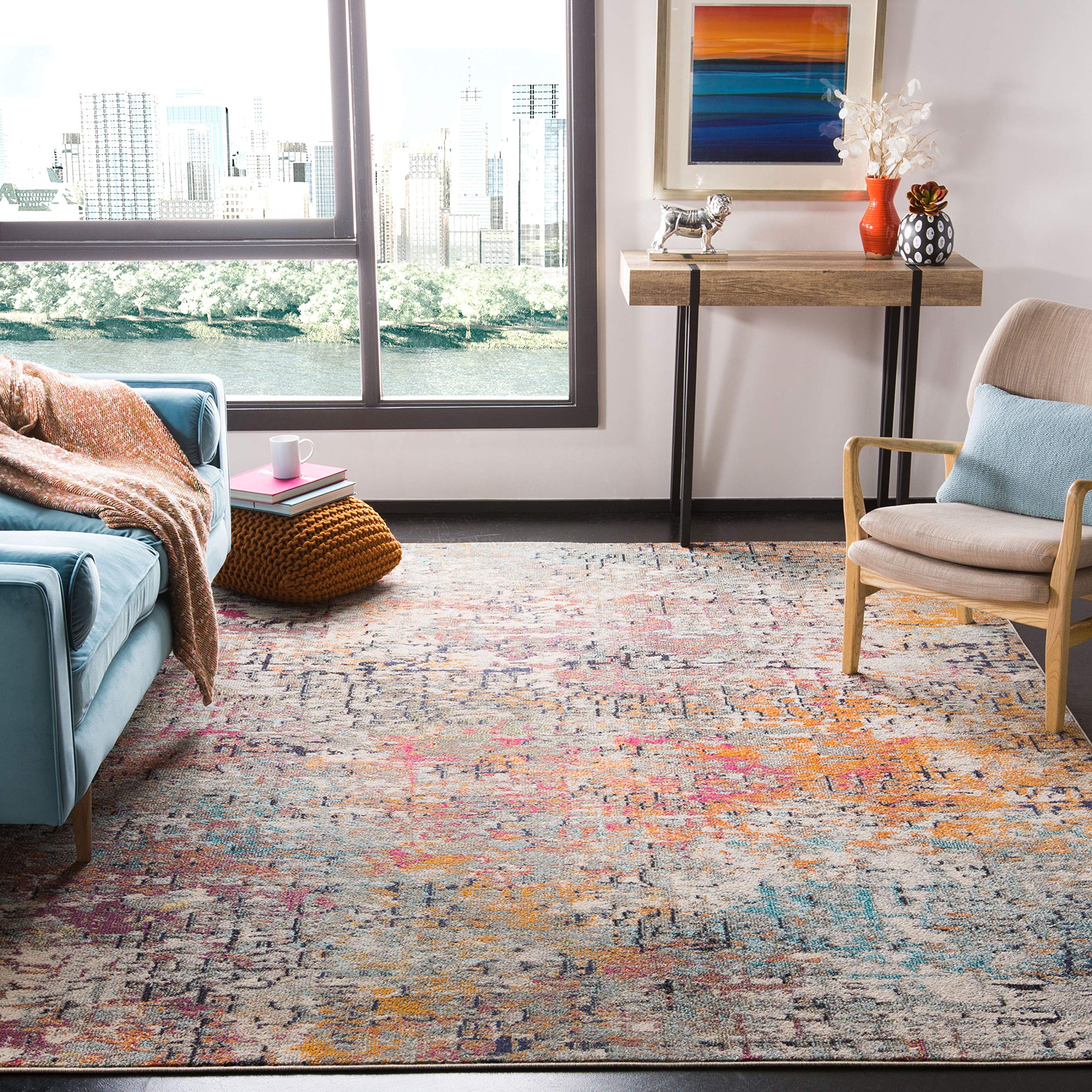 SAFAVIEH Madison Collection Area Rug - 8 Square, Grey & Pink, Modern Abstract Design, Non-Shedding & Easy Care, Ideal for High 