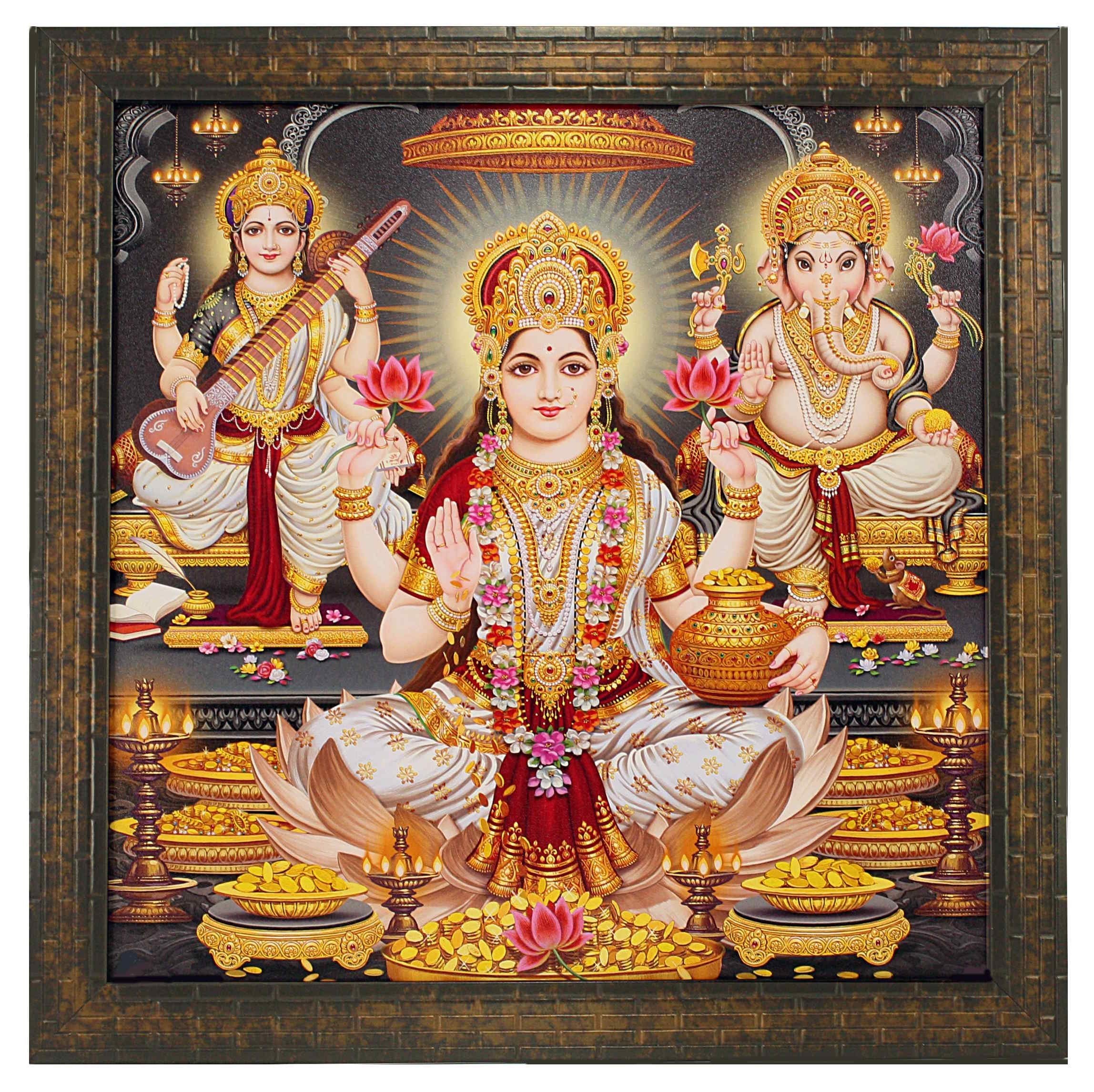 Indianara LAXMI Ganesh Saraswati Paintings (1399) Without Glass 13.8 X 13.8 inch