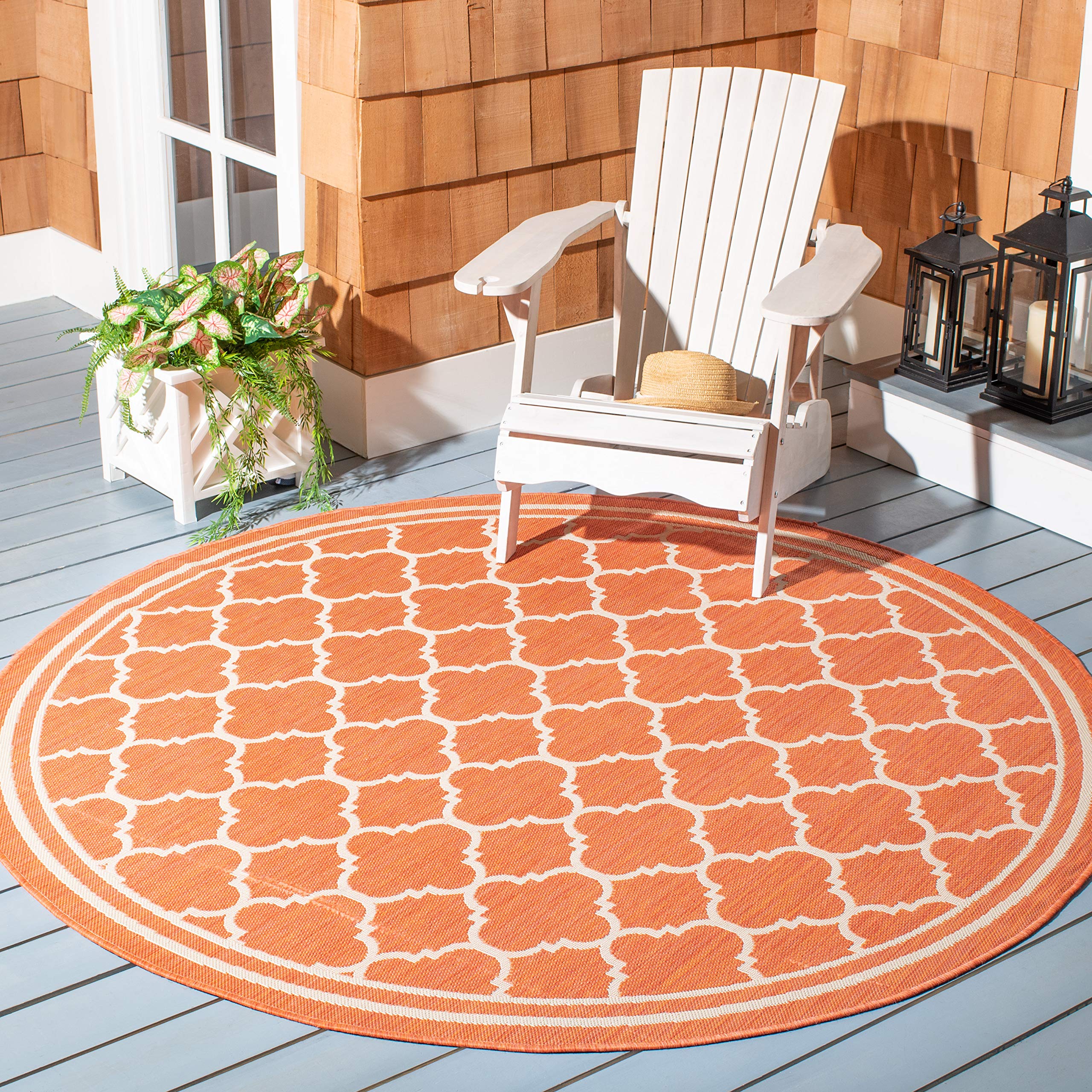 SAFAVIEH Courtyard Collection Area Rug - 53 Round, Terracotta & Bone, Trellis Design, Non-Shedding & Easy Care, Indoor/Outdoor 