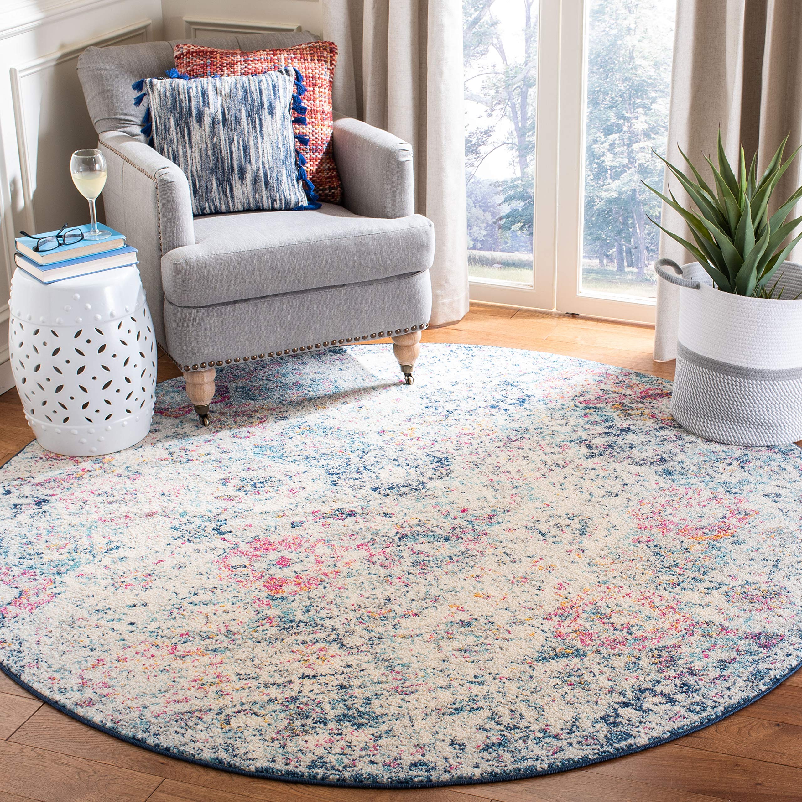 SAFAVIEH Madison Collection Round Rug - 12 Round, Navy & Teal, Bohemian Design, Stain Resistant, Ideal for High Traffic Areas i