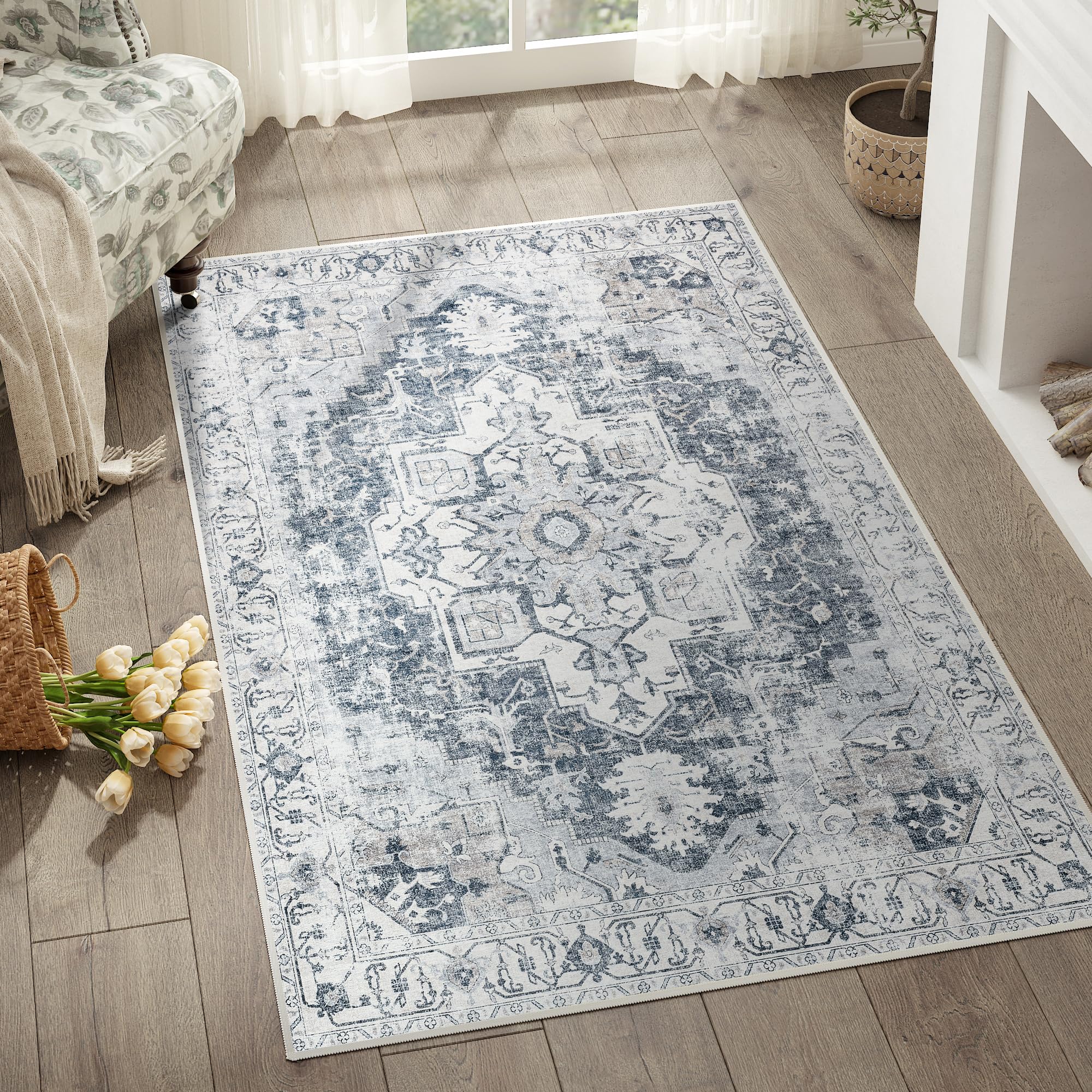jinchan Area Rug 3x5 Washable Rug Vintage Rug Indoor Floor Distressed Carpet Gray Multi Thin Rug Grey Chenille Mat Accent Rug Li