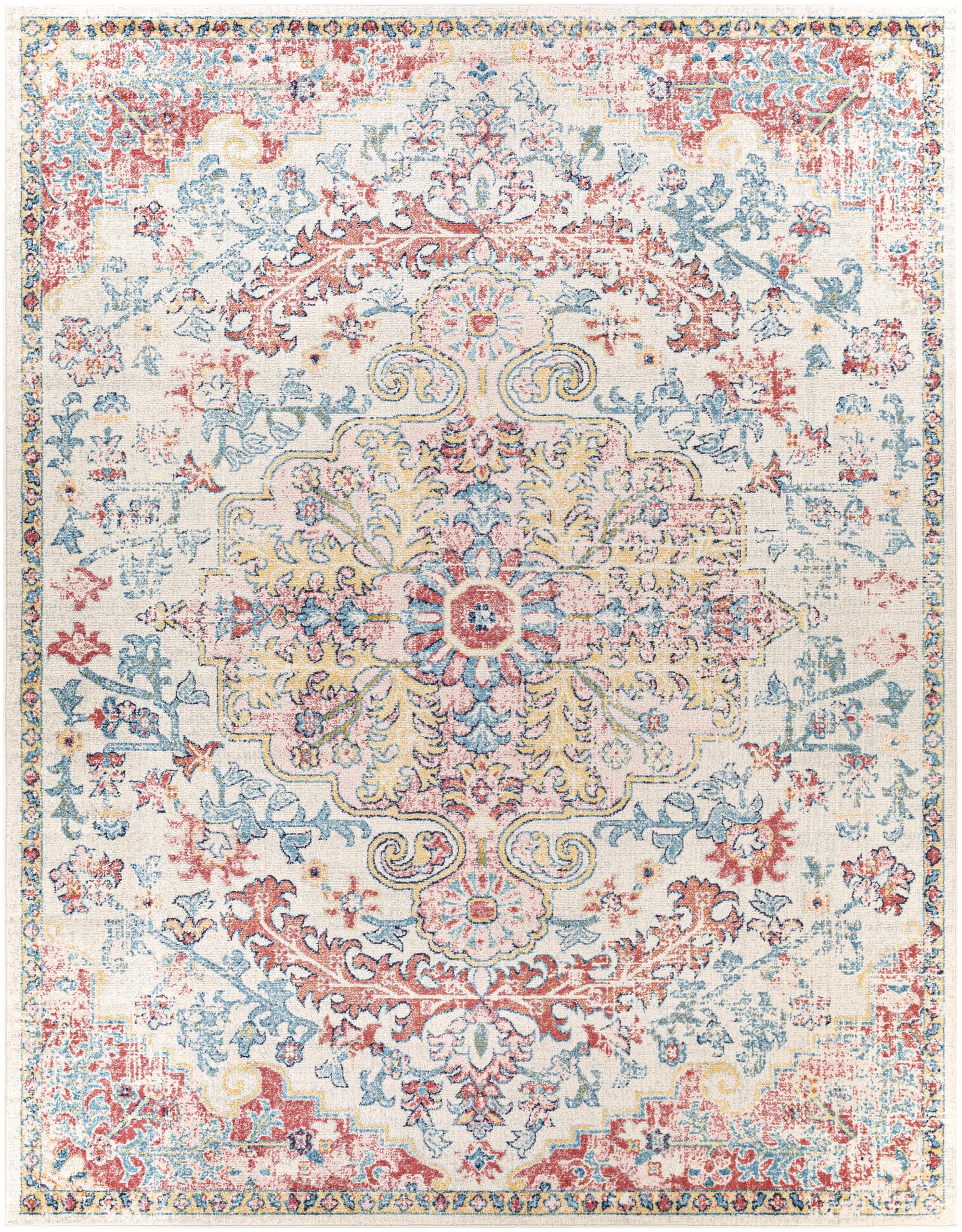 Livabliss Area Rugs - 8x10 Odelia Vintage Boho Red Off-White Blue Area Rug for Living Room Bedroom - Floral Medallion Stain Resi