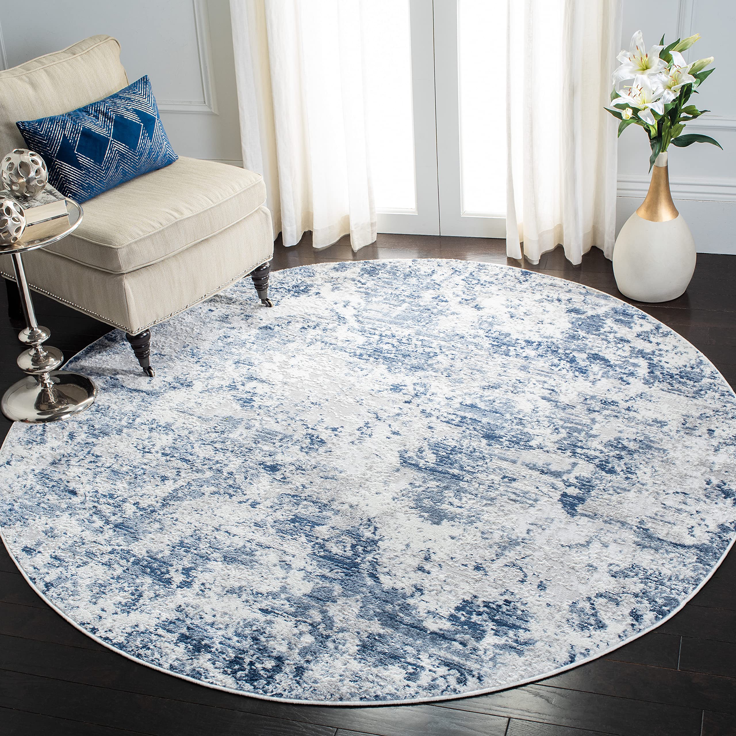 SAFAVIEH Amelia Collection Area Rug - 3 Round, Navy & Grey, Modern Abstract Design, Non-Shedding & Easy Care, Ideal for High Tr