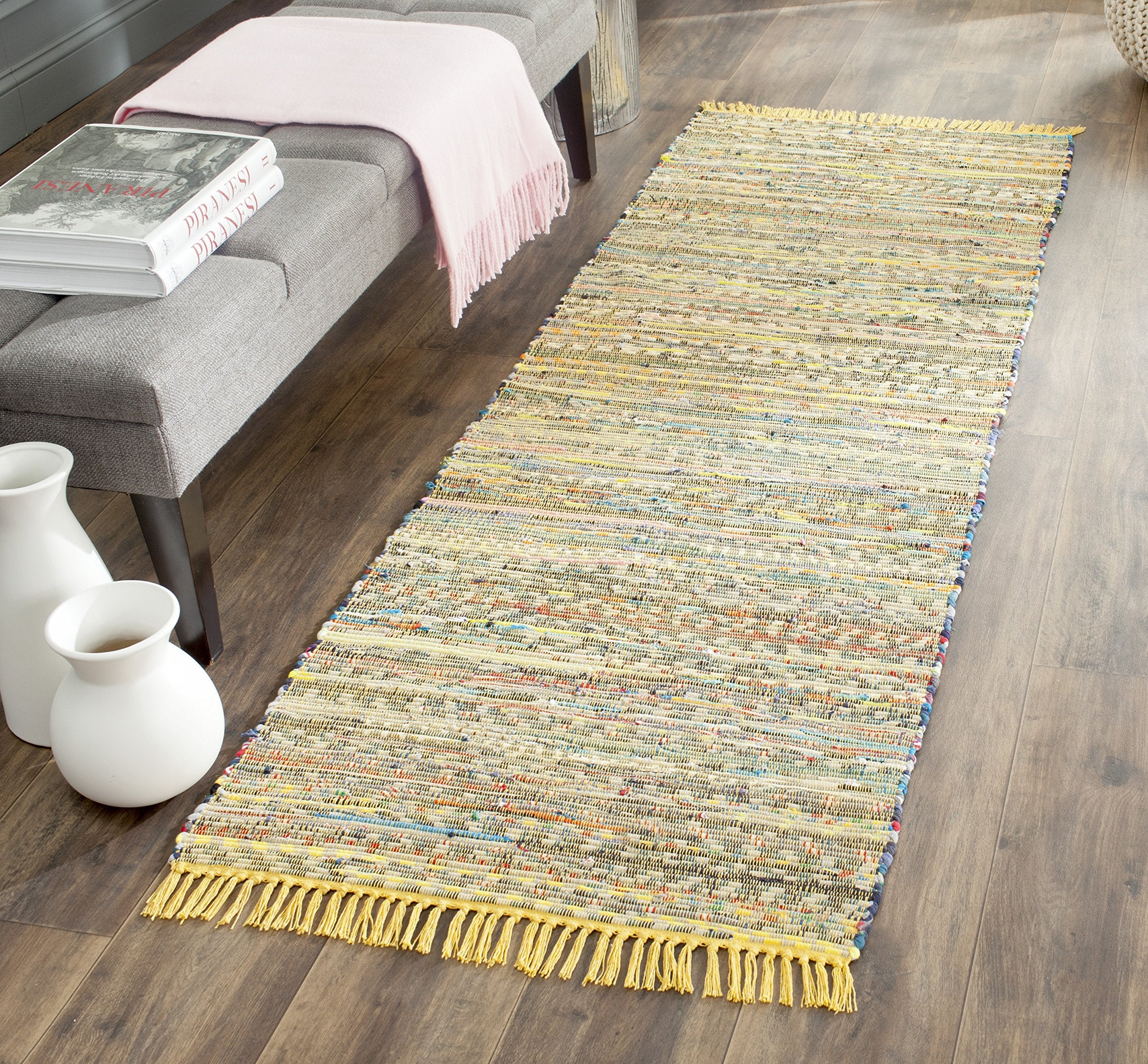 SAFAVIEH Rag Rug Collection Runner Rug - 23 x 8, Yellow & Multi, Handmade Boho Stripe Cotton, Ideal for High Traffic Areas in 