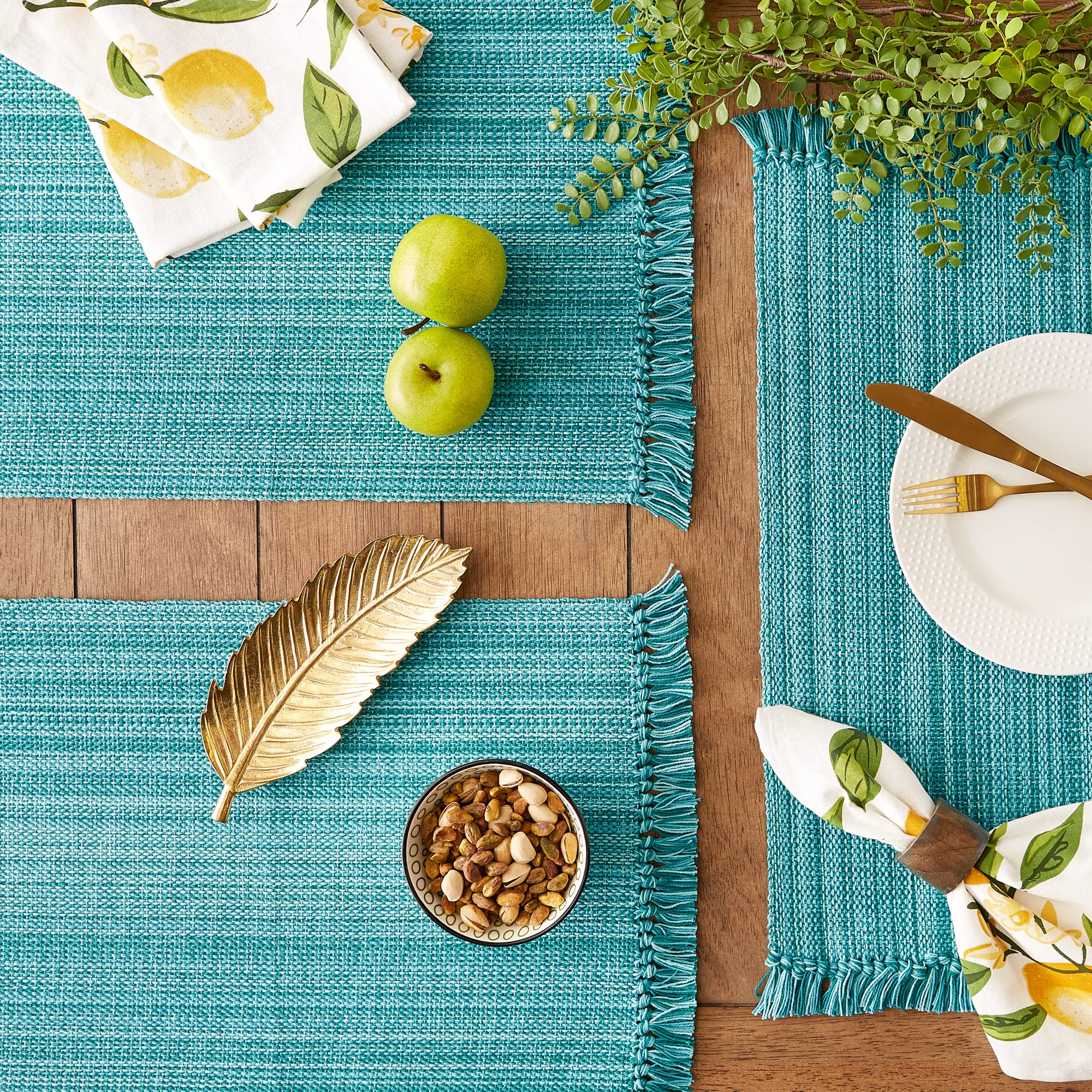 TEAL VARIEGATED FRINGE PLACEMAT SET/6
