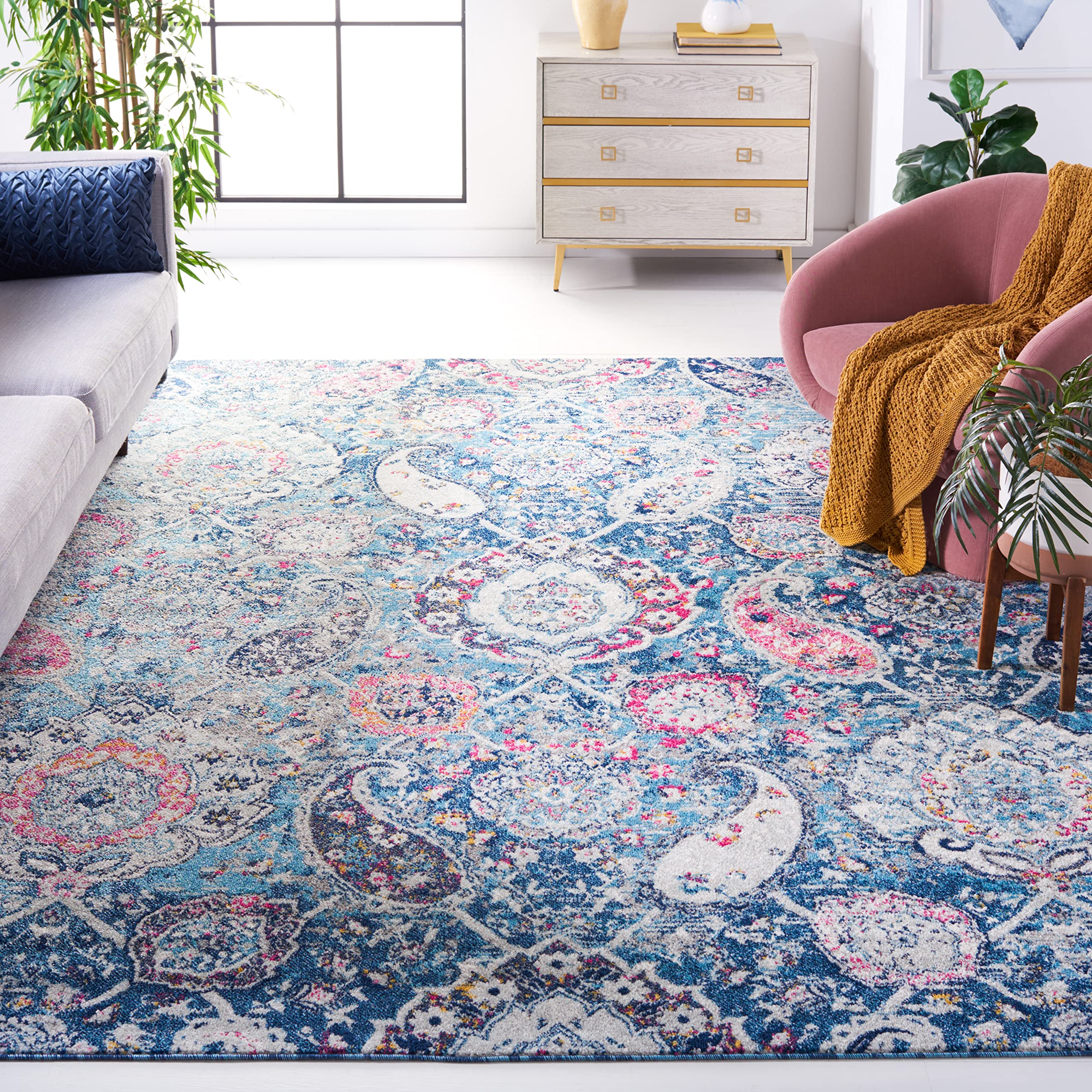 SAFAVIEH Madison Collection Area Rug - 8 x 10, Blue & Grey, Boho Chic Glam Paisley Design, Non-Shedding & Easy Care, Ideal for