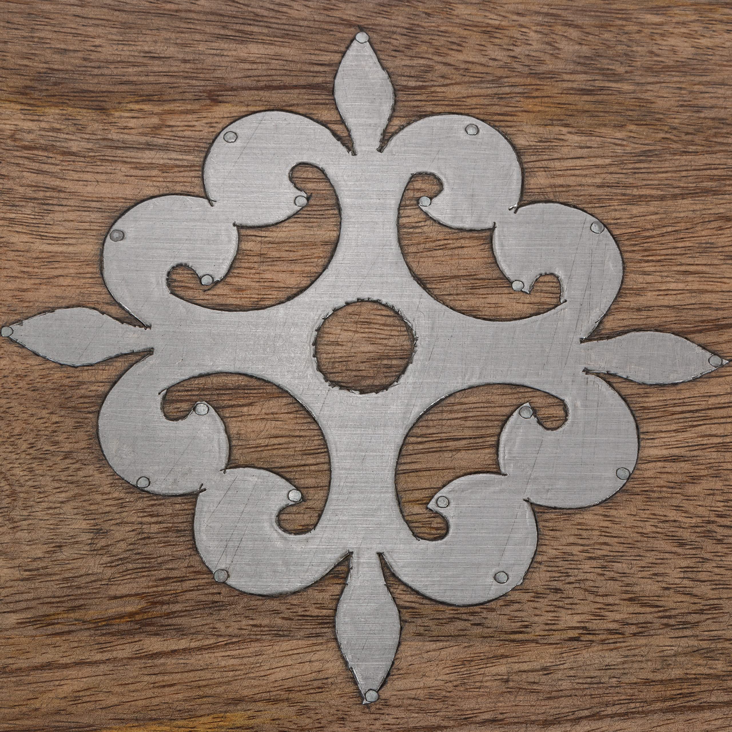 10-Inch Square Metal Inlaid-Detail Footed Wood Trivet