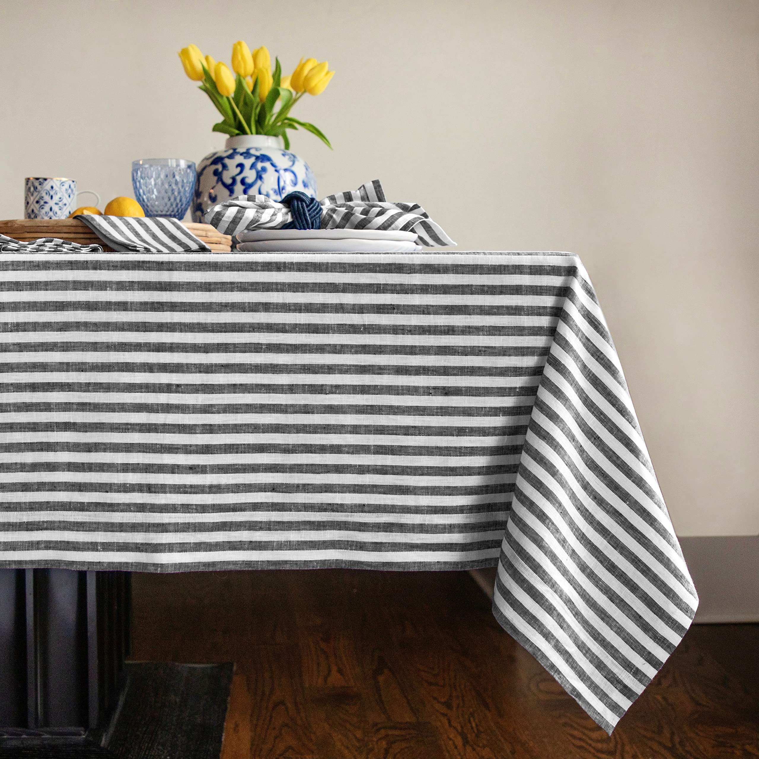 Solino Home Stripe Linen Tablecloth 108 '' L X 60 '' W Inch - 100% Pure Linen Black And White Tablecloth - Farmhouse Rectangle T
