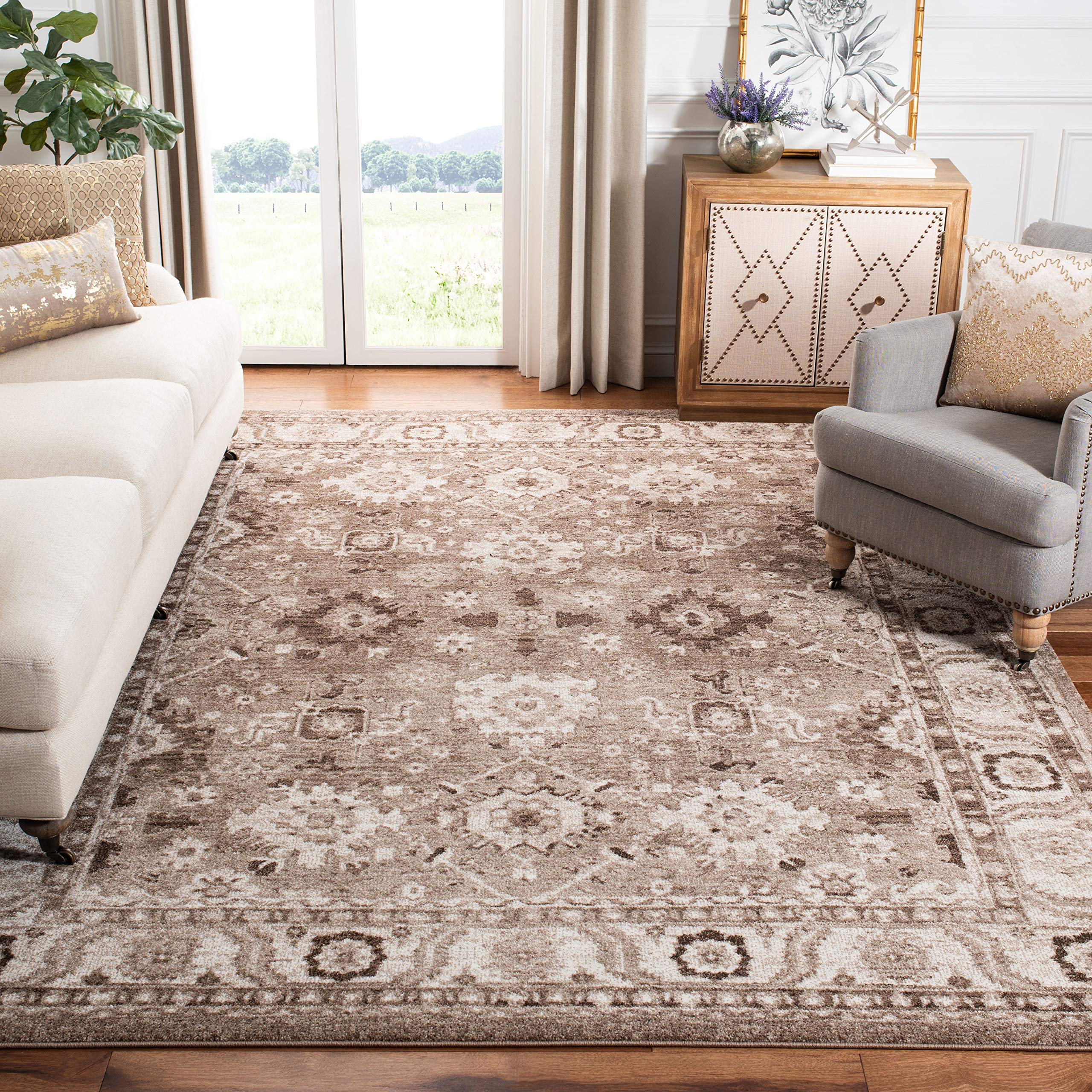 SAFAVIEH Vintage Hamadan Collection Area Rug - 67 Square, Taupe, Oriental Traditional Persian Design, Non-Shedding & Easy Care,