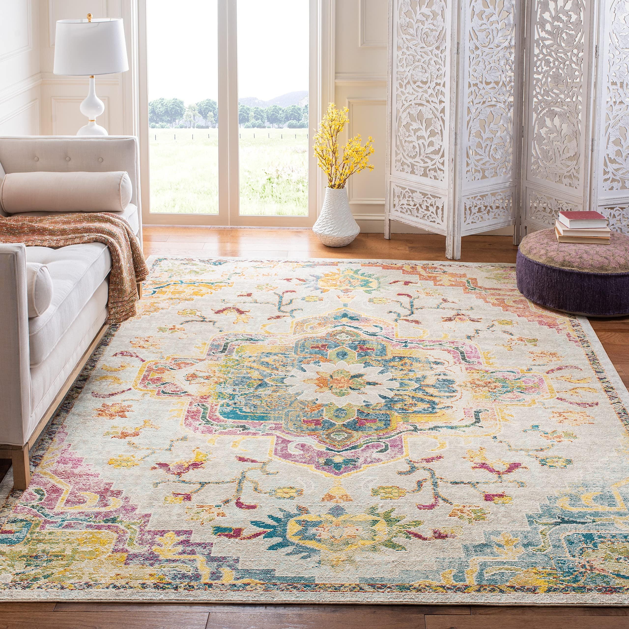 SAFAVIEH Crystal Collection Area Rug - 10 x 14, Light Blue & Grey, Medallion Distressed Design, Non-Shedding & Easy Care, Idea