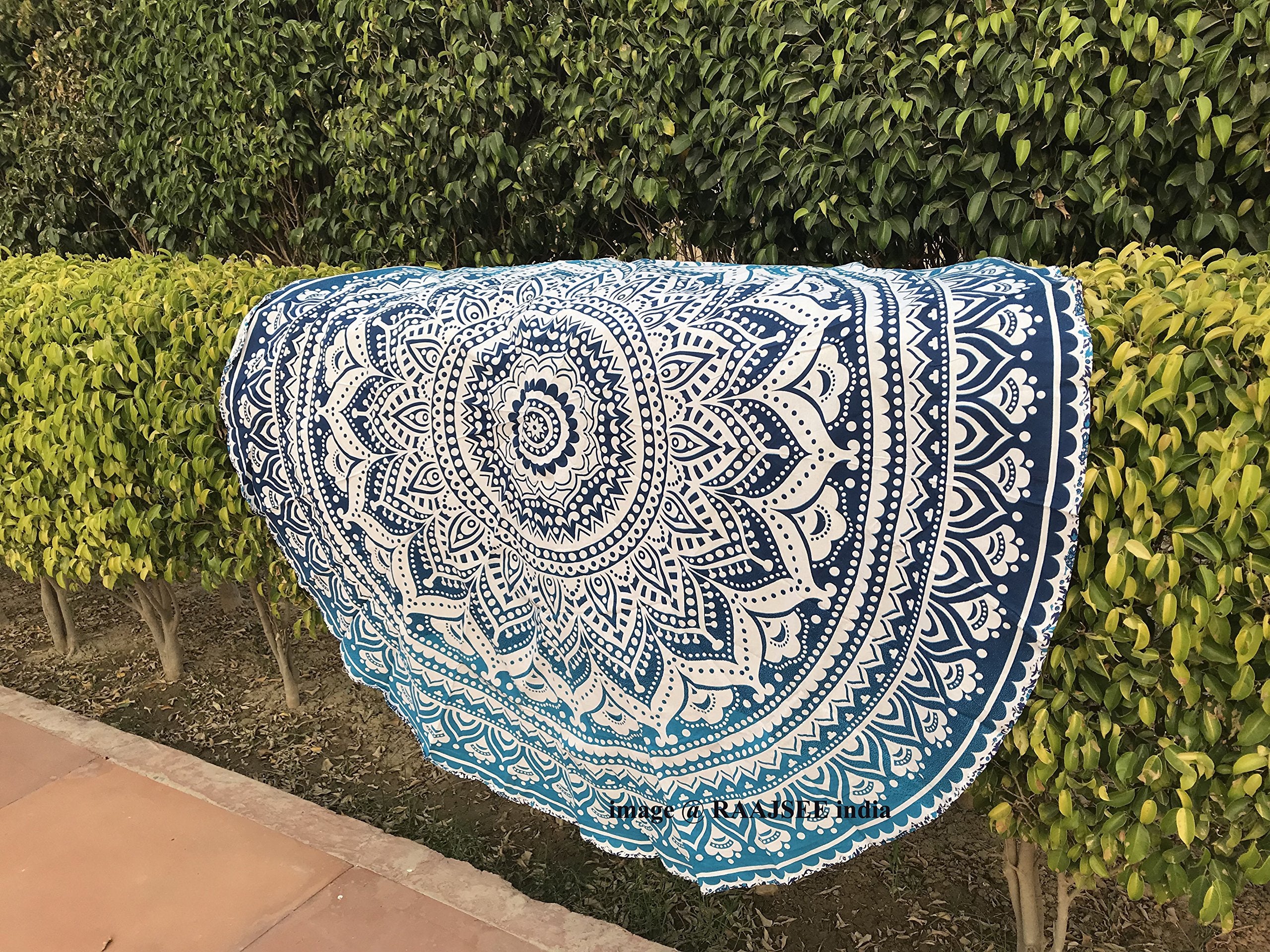 Raajsee Aqua Blue Ombre Round Beach Tapestry Hippie/Boho Beach Blanket Roundie/Indian Cotton Throw Bohemian Round Table Cloth/Yo