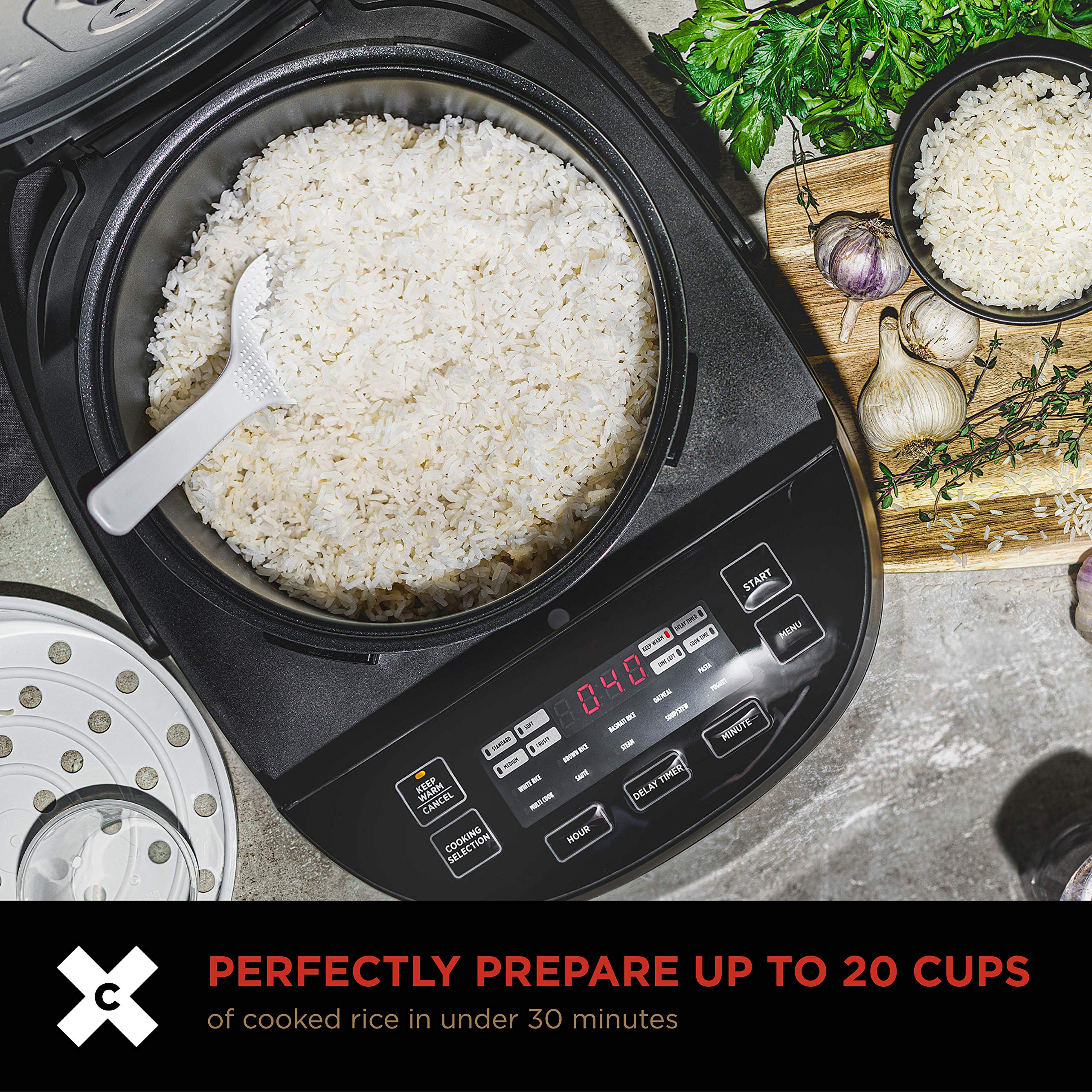 Crux 20 Cup Induction Rice Cooker, Multi-Cooker, Food Steamer, Slow Cooker, Stewpot, Easy One-Pot Healthy Meals, Dishwasher Safe