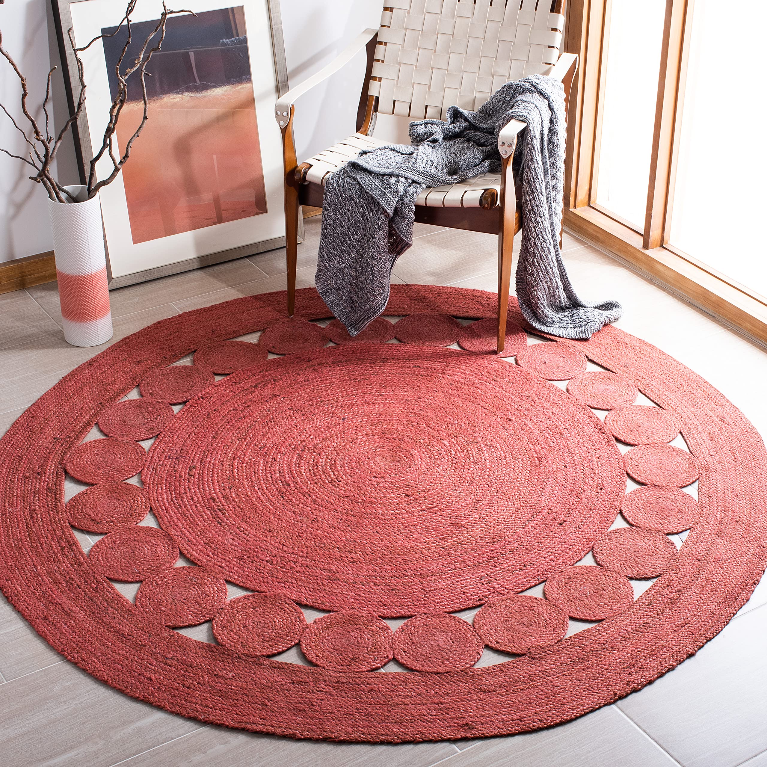SAFAVIEH Natural Fiber Round Collection 7 Round Rust NF364P Handmade Boho Charm Farmhouse Jute Area Rug