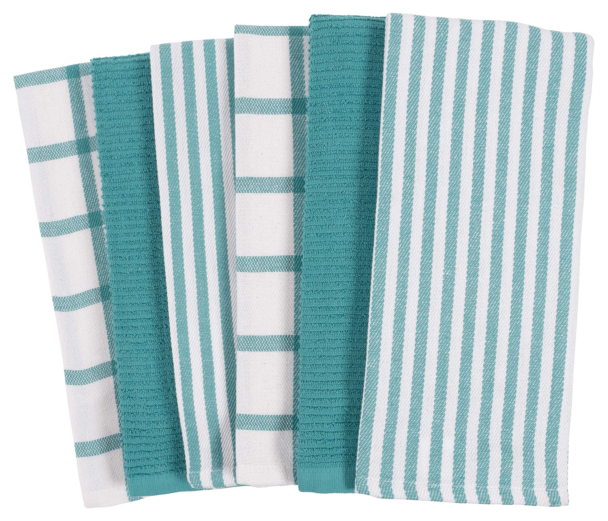 Kaf Home Premium Kitchen Towels (18'' X 28'', 6 Pack), Large 100% Cotton, Flat & Terry Absorbent Dish Towel Set (Teal)