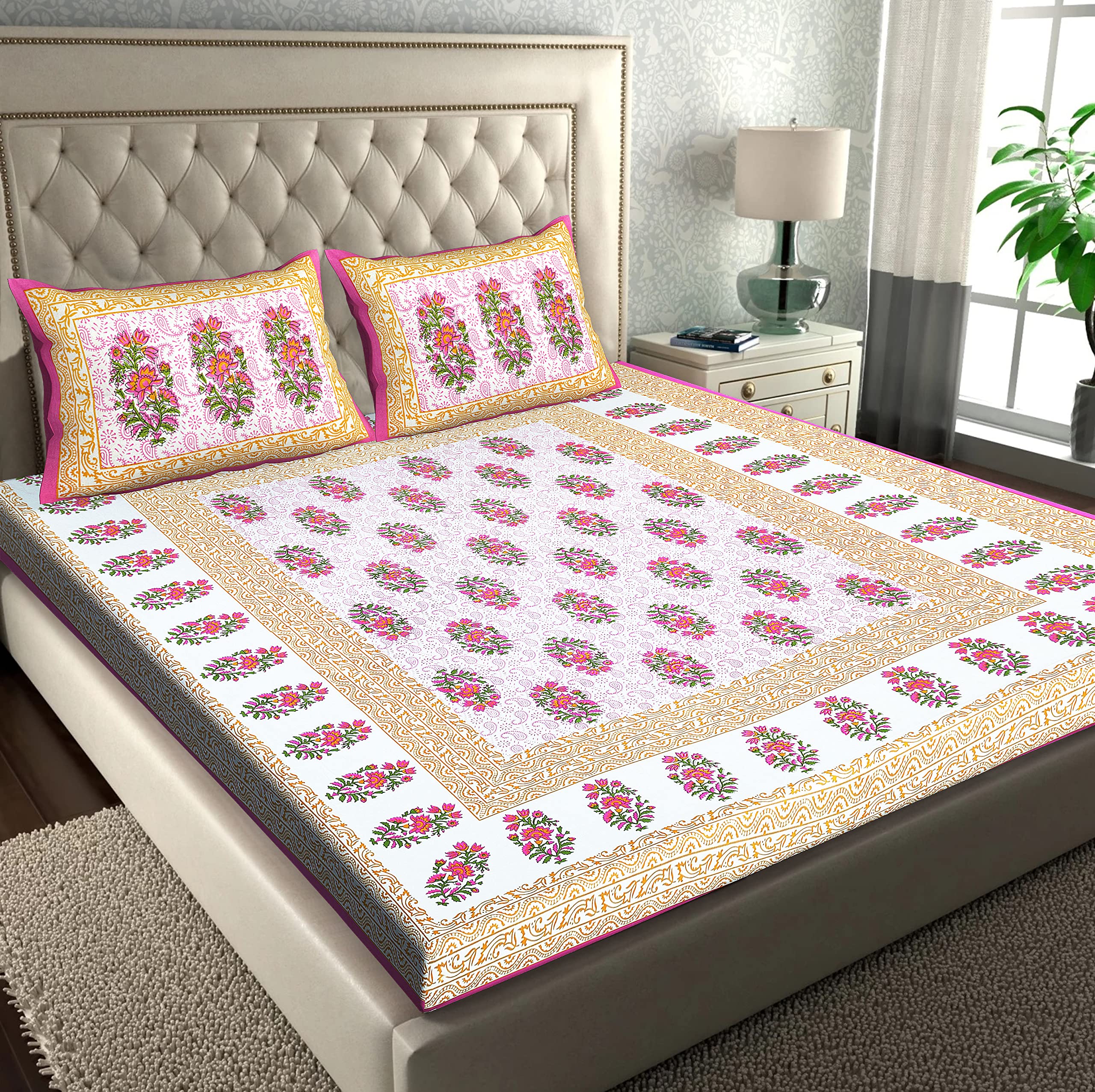Rajasthanikart Pure 100% Cotton Double Bed Sheet With 2 Pillow Covers (Bedsheet For Double Bed Cotton, Pink, Paisley)