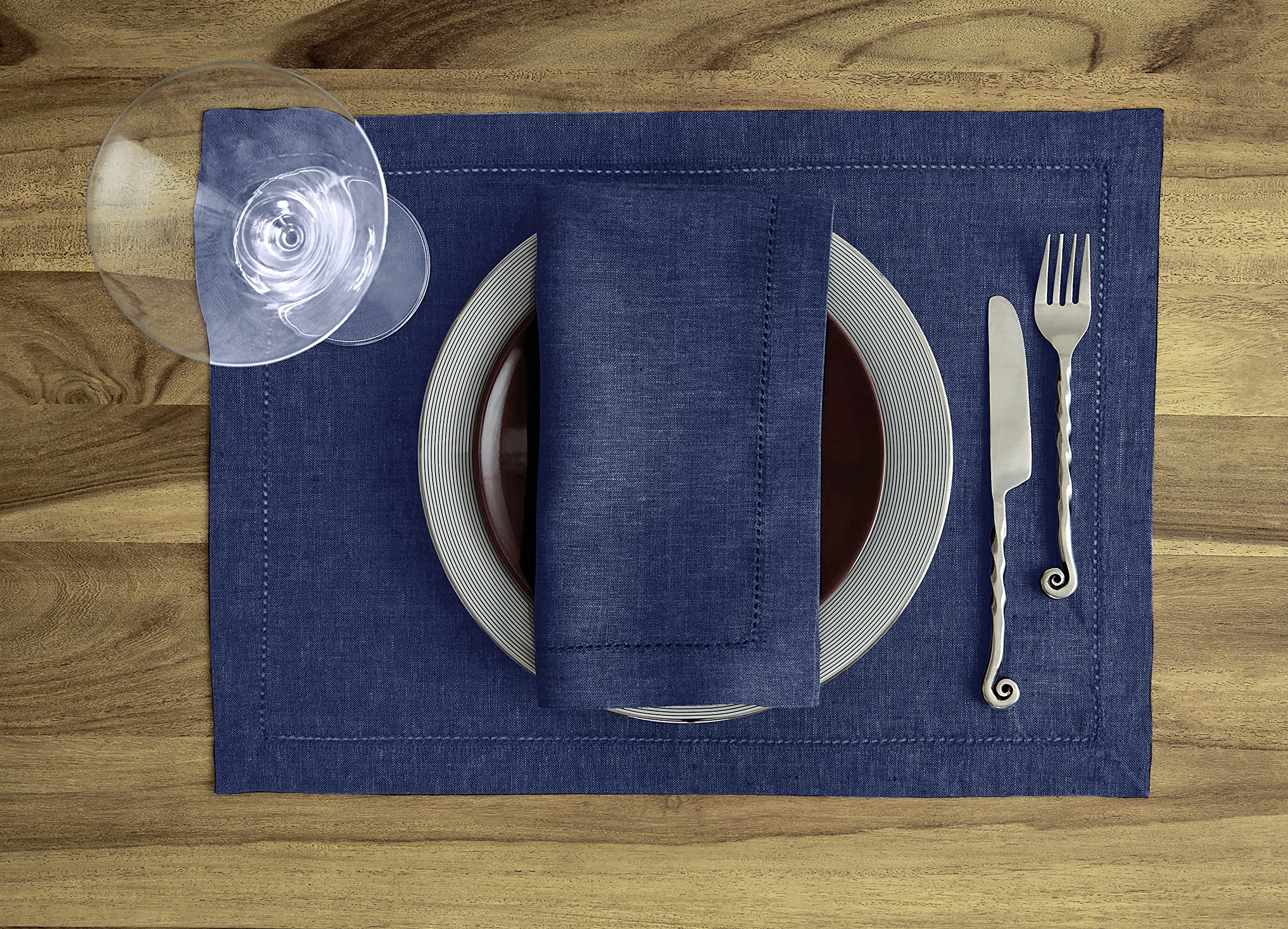 Solino Home Linen Placemats Chambray Navy - 100% Pure Linen Hemstitch Tablemats 14 x 19 Inch - Milan Set of 4 Placemats for Memorial Day  Summer - Machine Washable  Handcrafted from European Flax