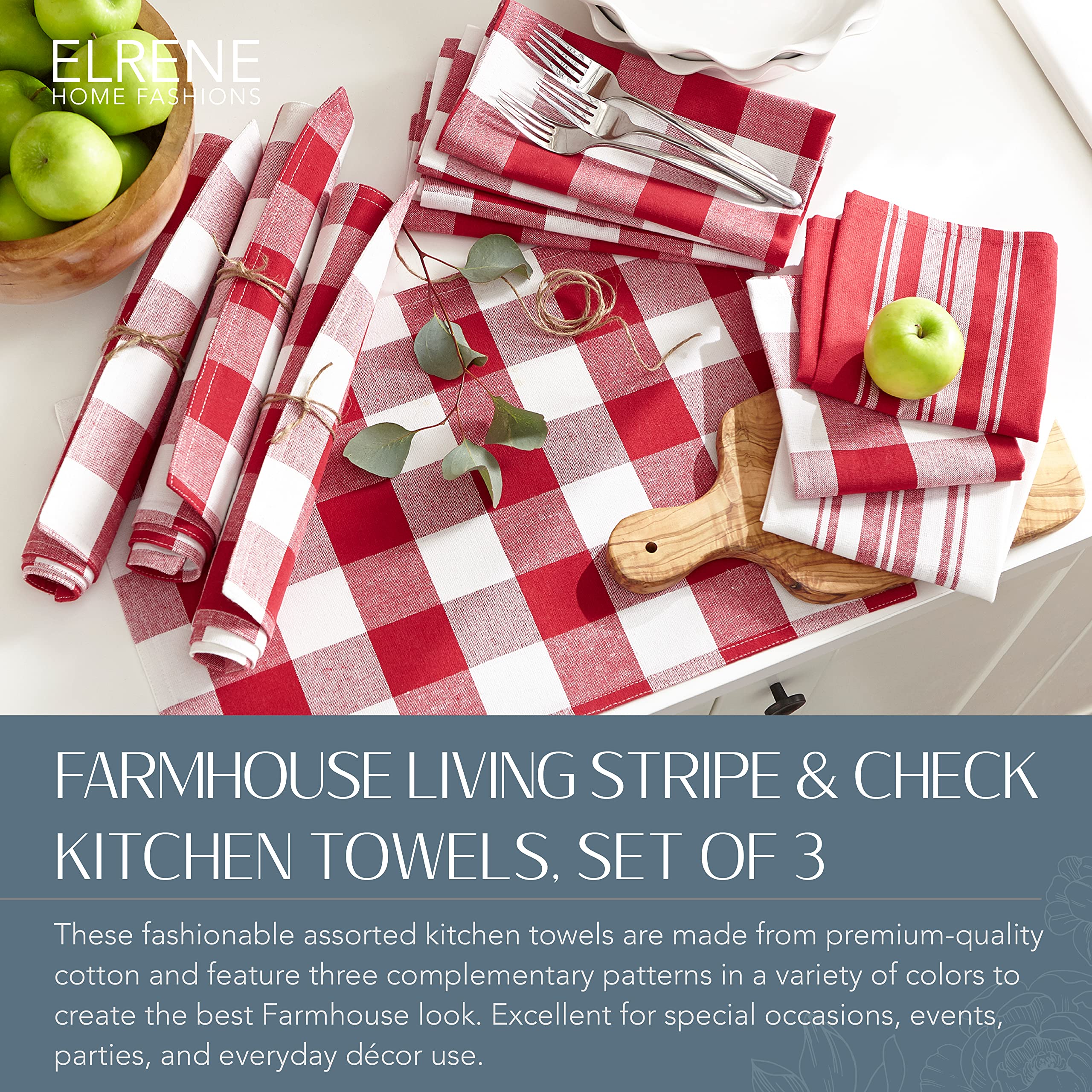 Elrene Home Fashions Farmhouse Living Stripe And Check Kitchen Towels, 17'' X 28'' (Set Of 3), Red/White 3